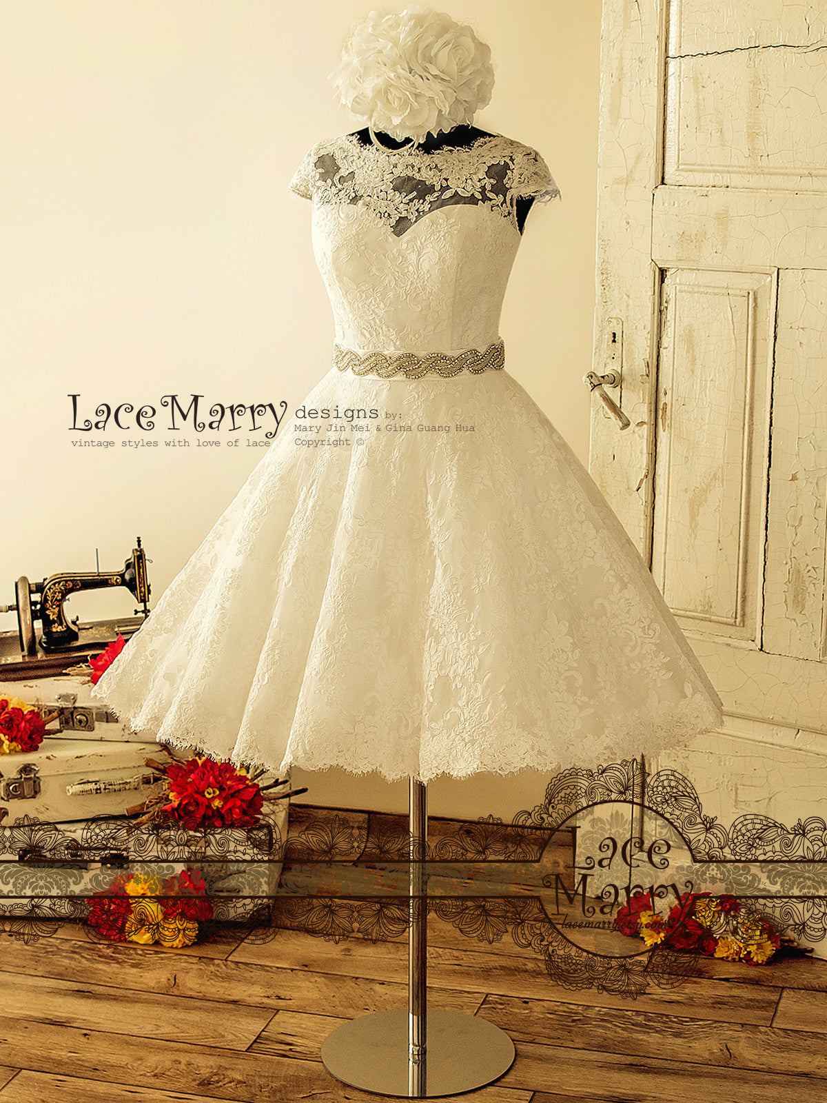 Rockabilly Inspired Wedding Dress from Lace in Knee Length - LaceMarry Rockabilly Inspired Wedding Dress from Lace in Knee Length - LaceMarry