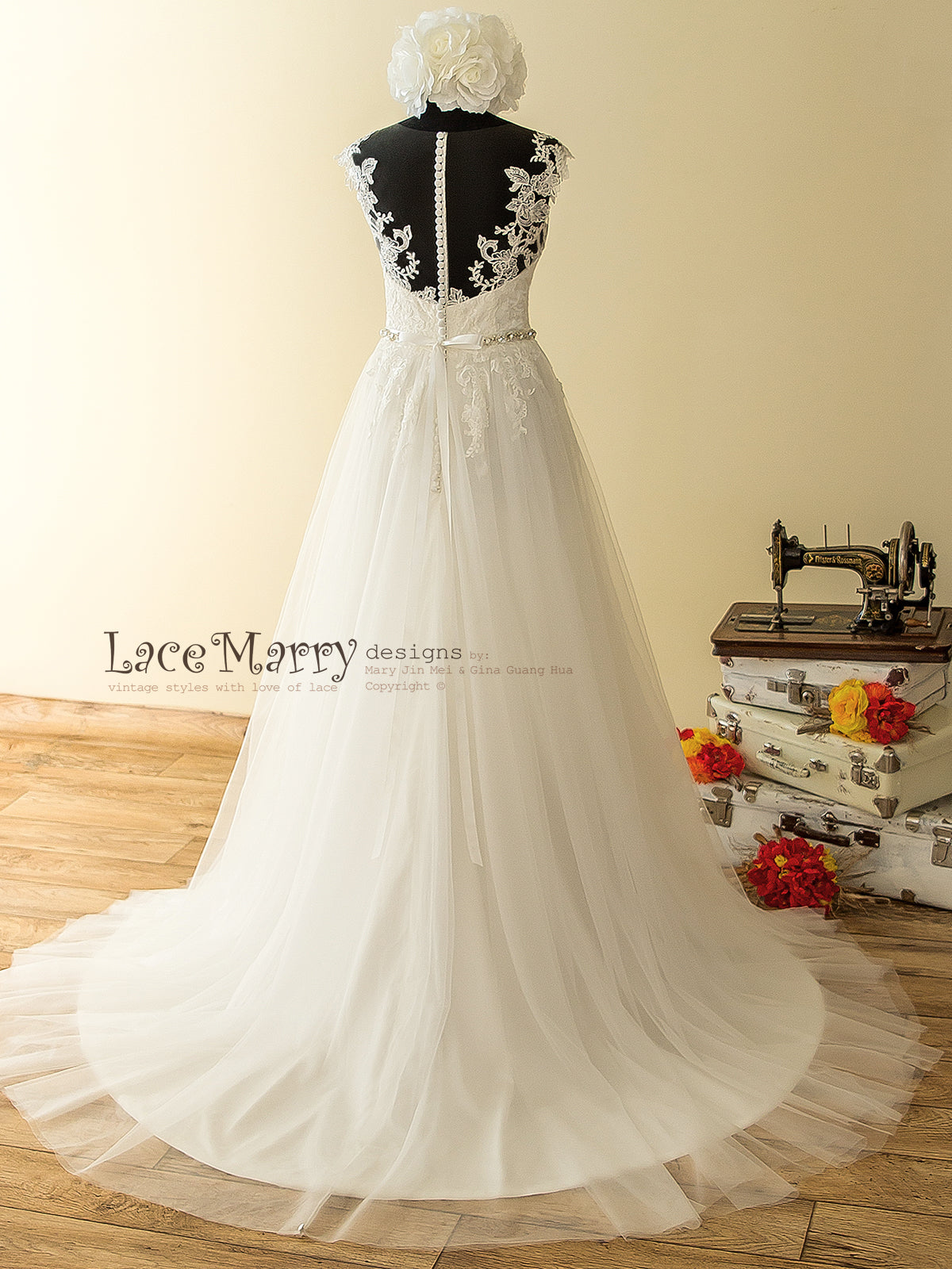 Sheer Back Lace Boho Wedding Dress