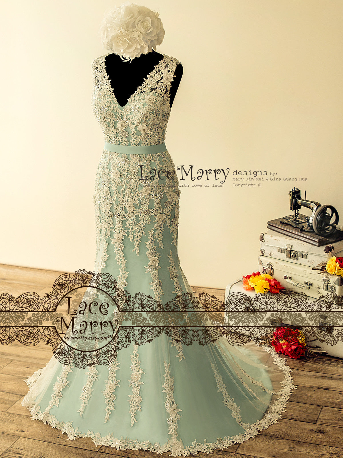 Fabulous Teal Wedding Dress with Intensive Beaded Lace Appliqué