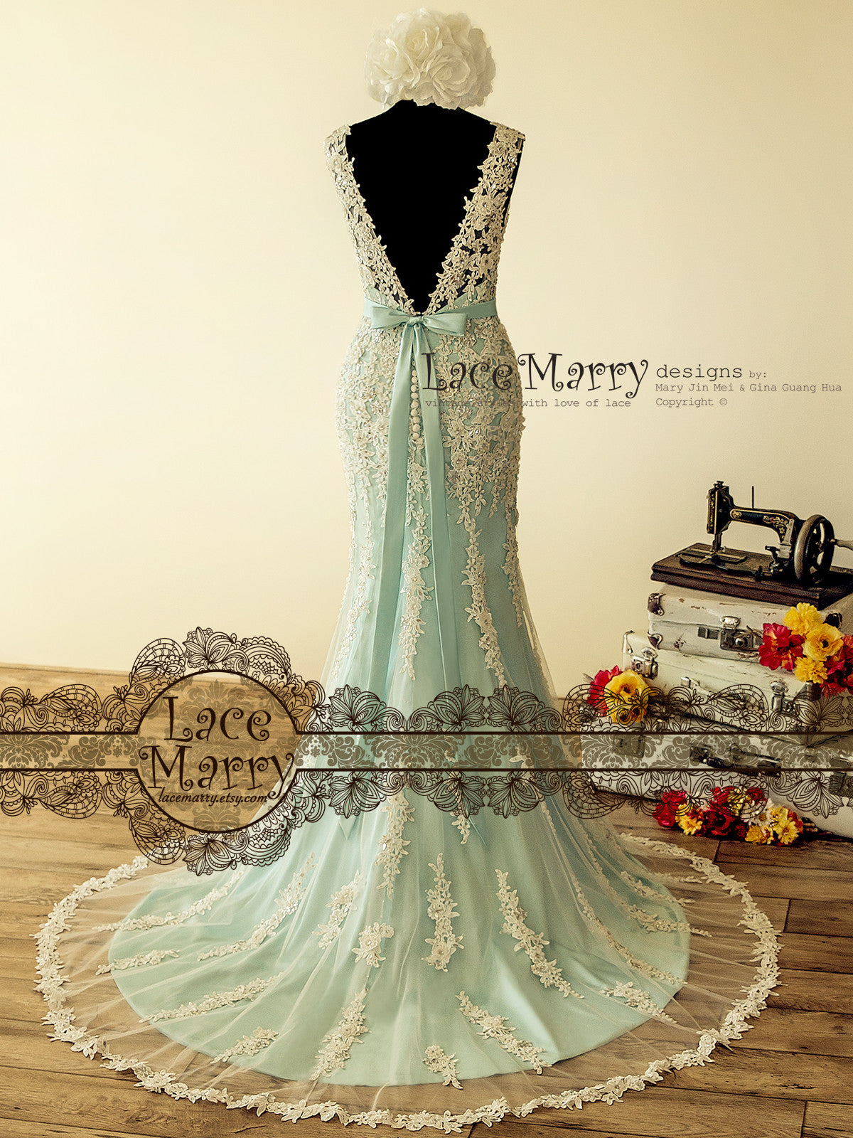 Fabulous Teal Wedding Dress with Intensive Beaded Lace
