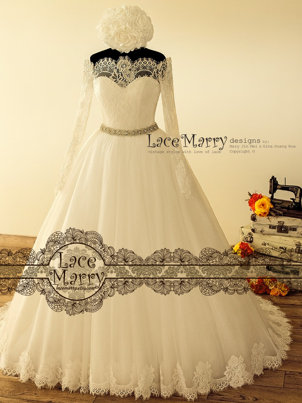 Off Shoulder A Line Wedding Dress Made from Soft French Lace - LaceMarry Off Shoulder A Line Wedding Dress Made from Soft French Lace - LaceMarry