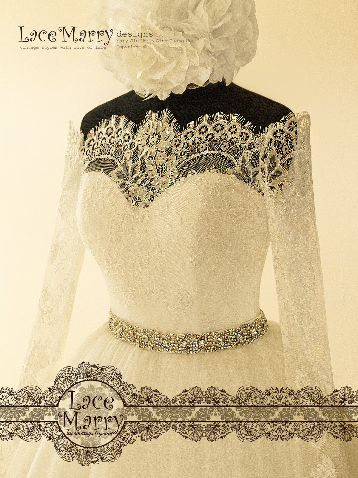 Off the Shoulder Wedding Dress with Illusion Neckline