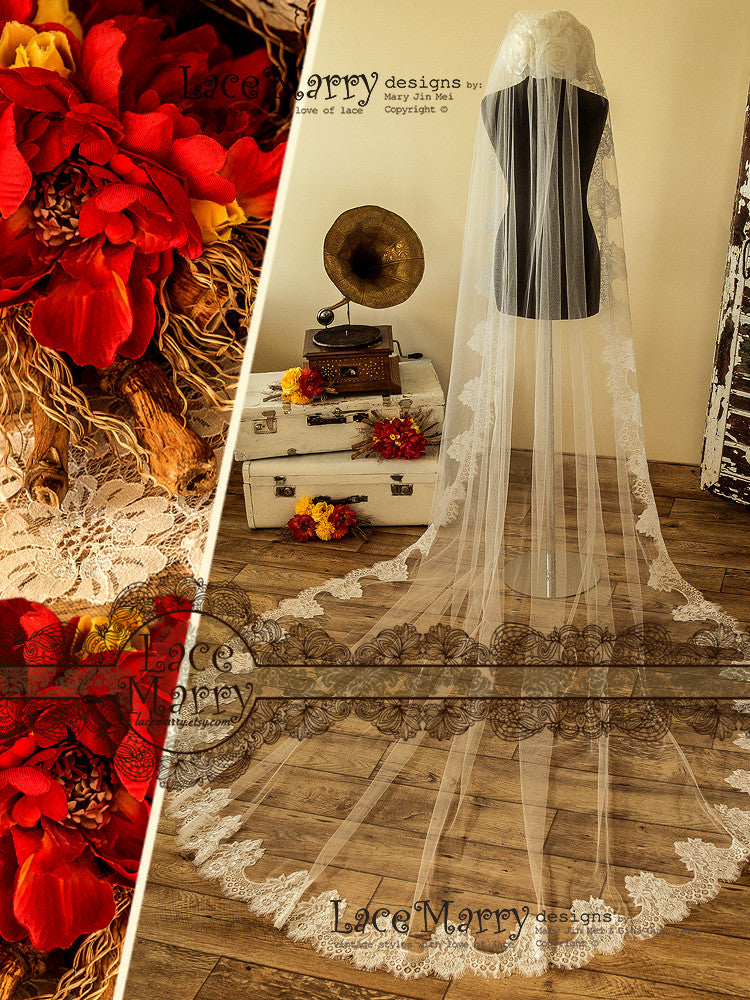 Long Wedding Veil with Lace Trim