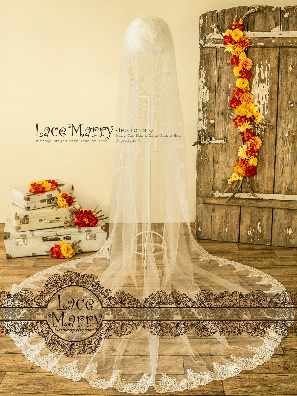 Long Cathedral Lace Wedding Veil
