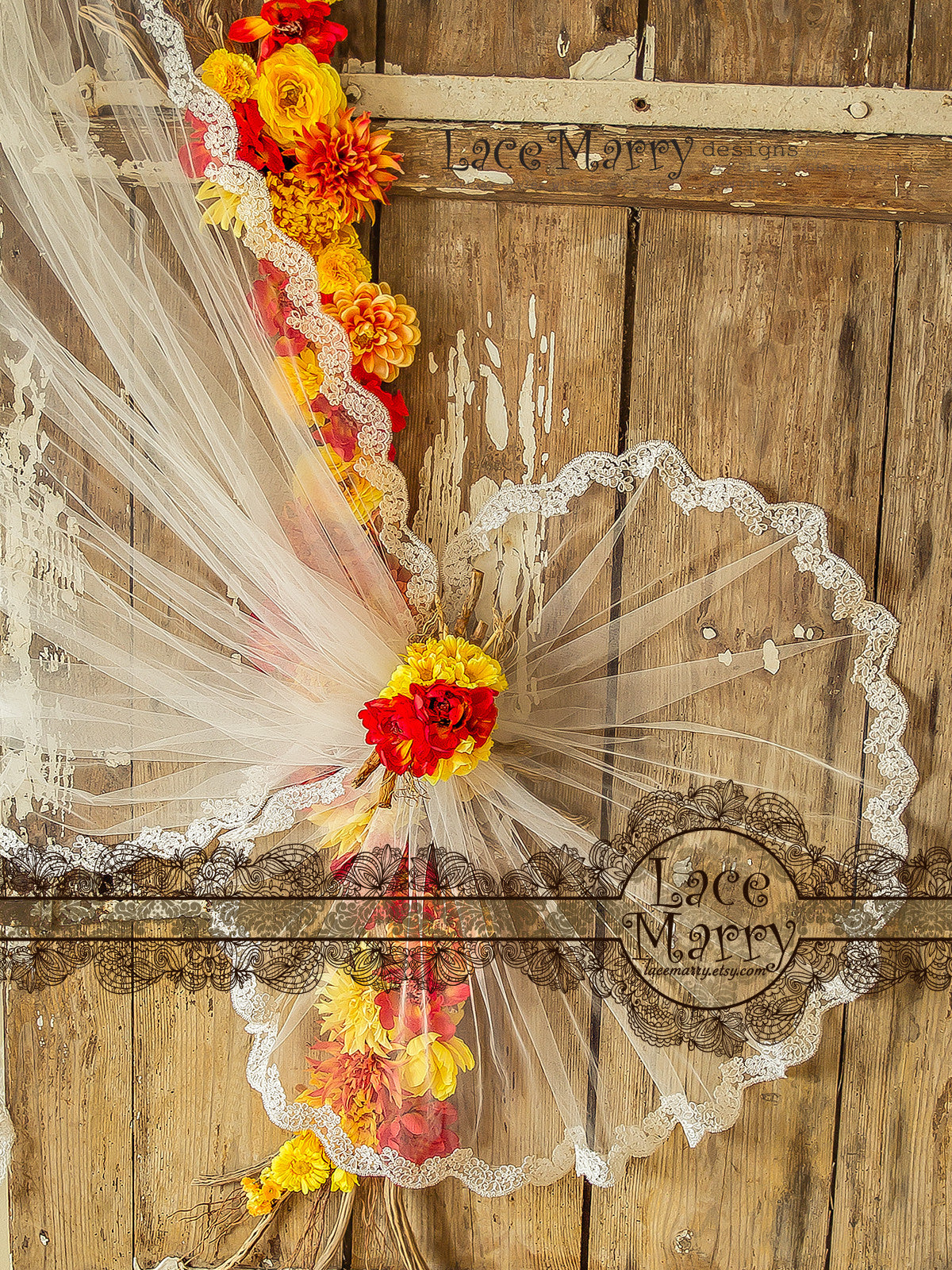 Waltz Length Circle Veil with Lace Flower Applique Edge