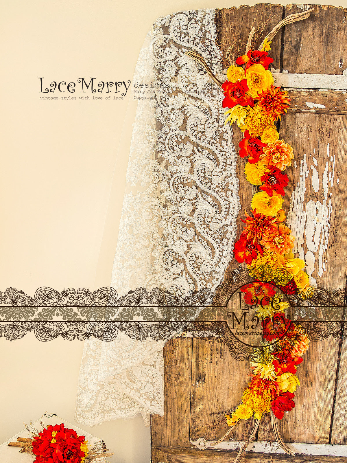 Long Bridal Veil with Lace Applique Edge