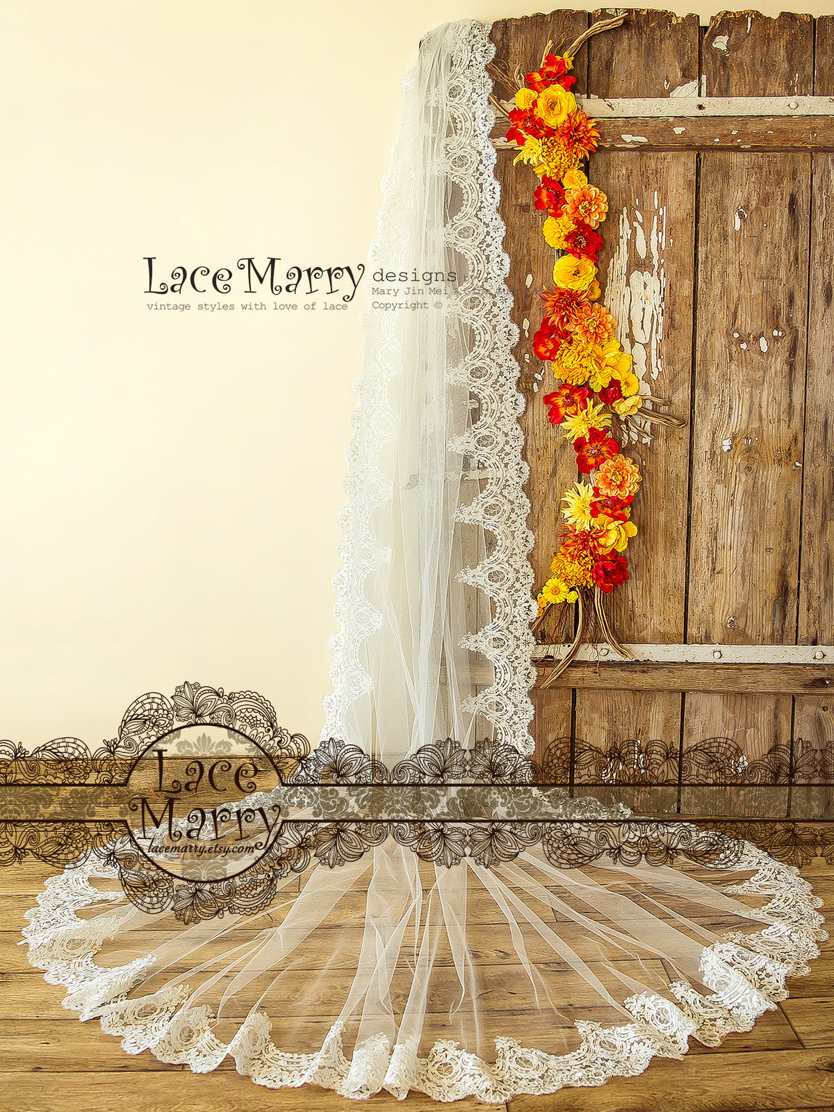 Spanish Lace Bridal Veil, Single Tier Long Wedding Veil - LaceMarry Spanish Lace Bridal Veil, Single Tier Long Wedding Veil - LaceMarry