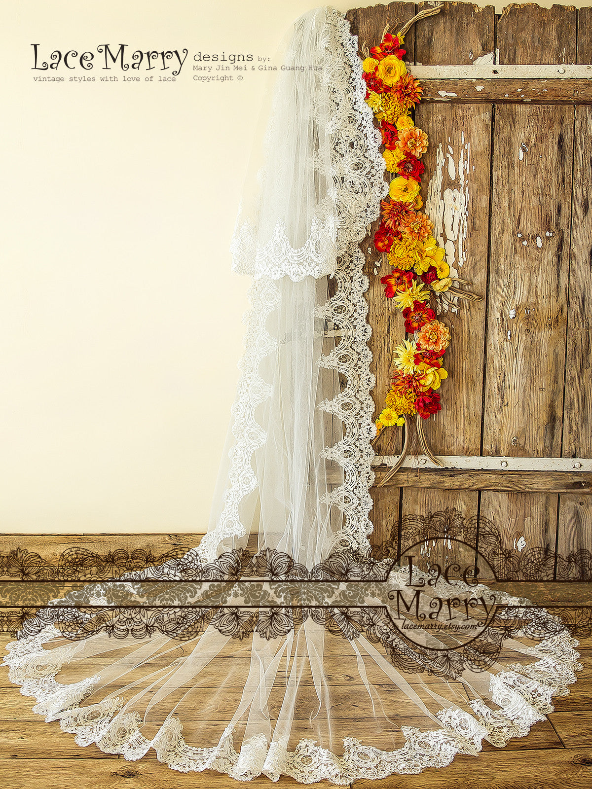 Lace Appliqued Rustic Wedding Veil Cathedral Length - VQ