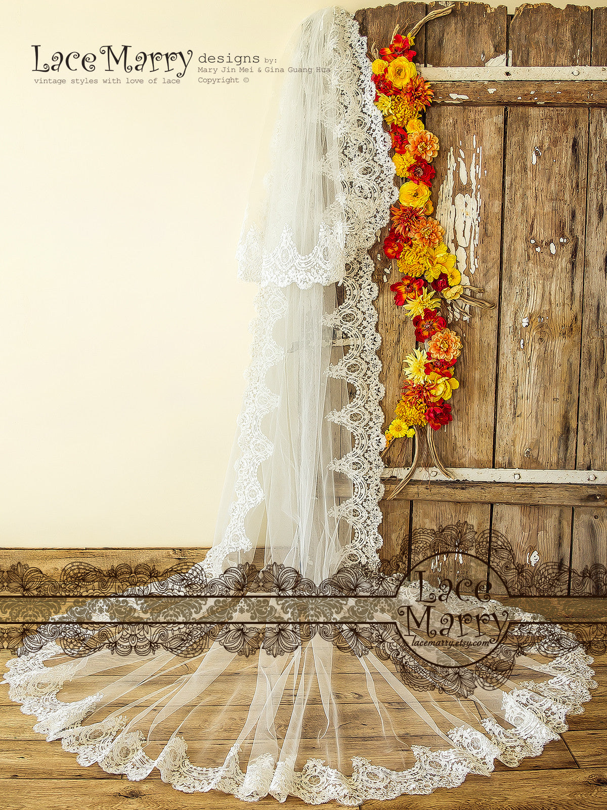 Gorgeous Scalloped Bridal Veil with Floral Lace