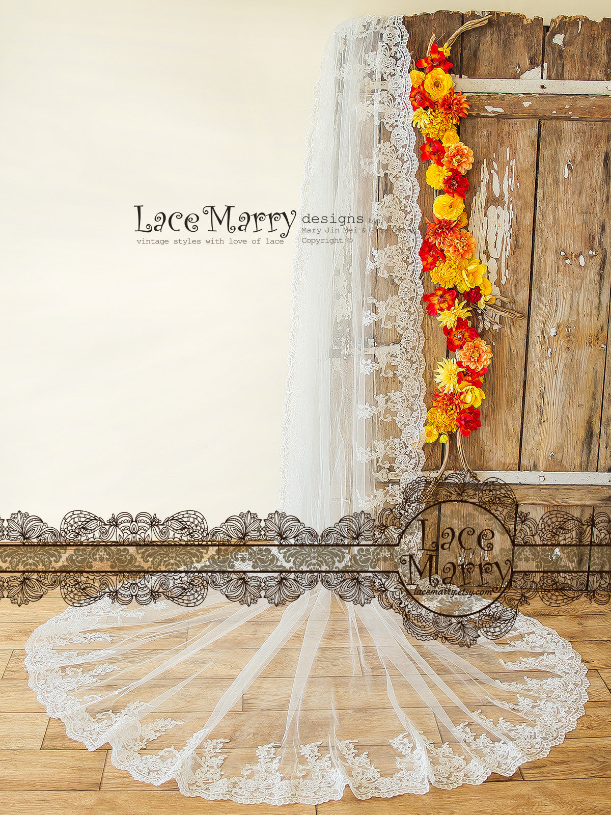 Long Lace Bridal Veil with Floral Ornaments