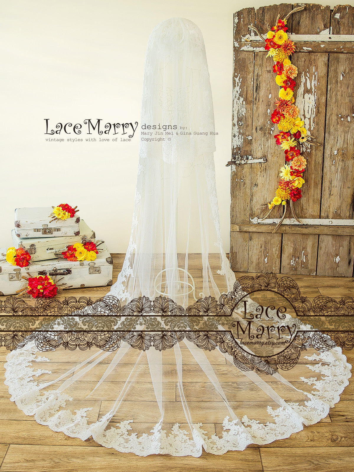 Single Tier Long Wedding Veil with Corded Alencon Lace Hem
