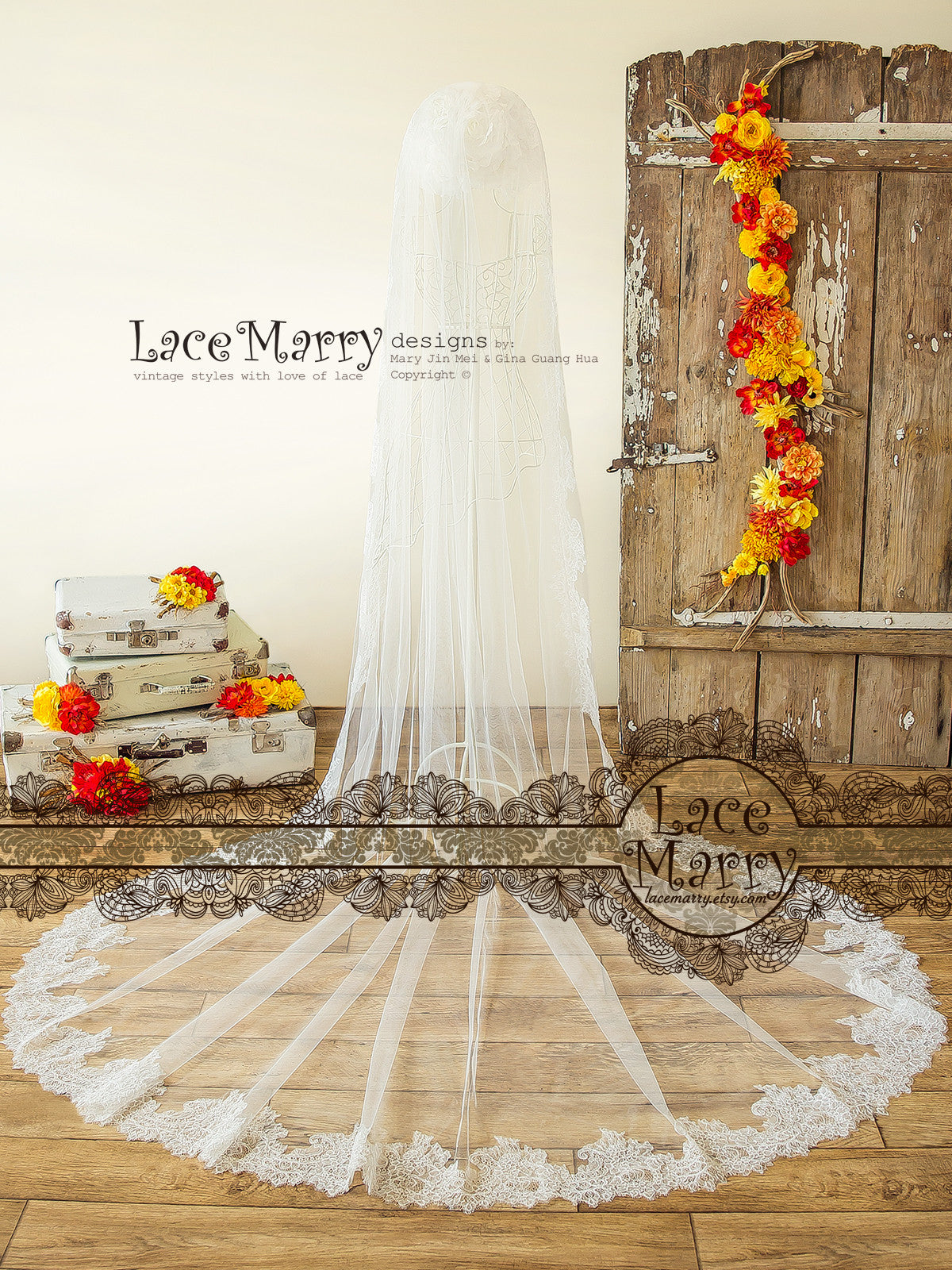 Long Wedding Veil with Lace Trim