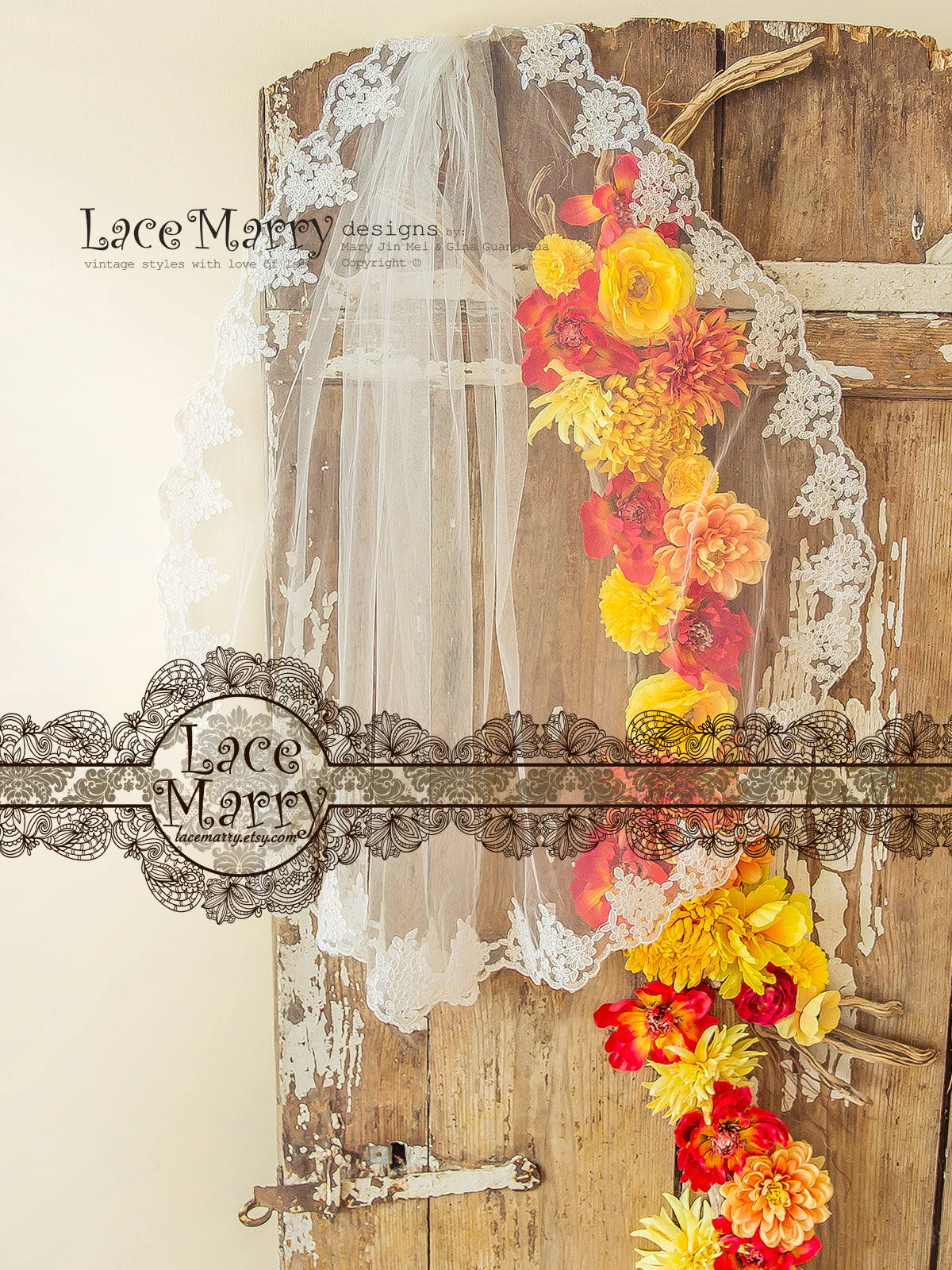 Bridal Veil with Floral Lace Hem