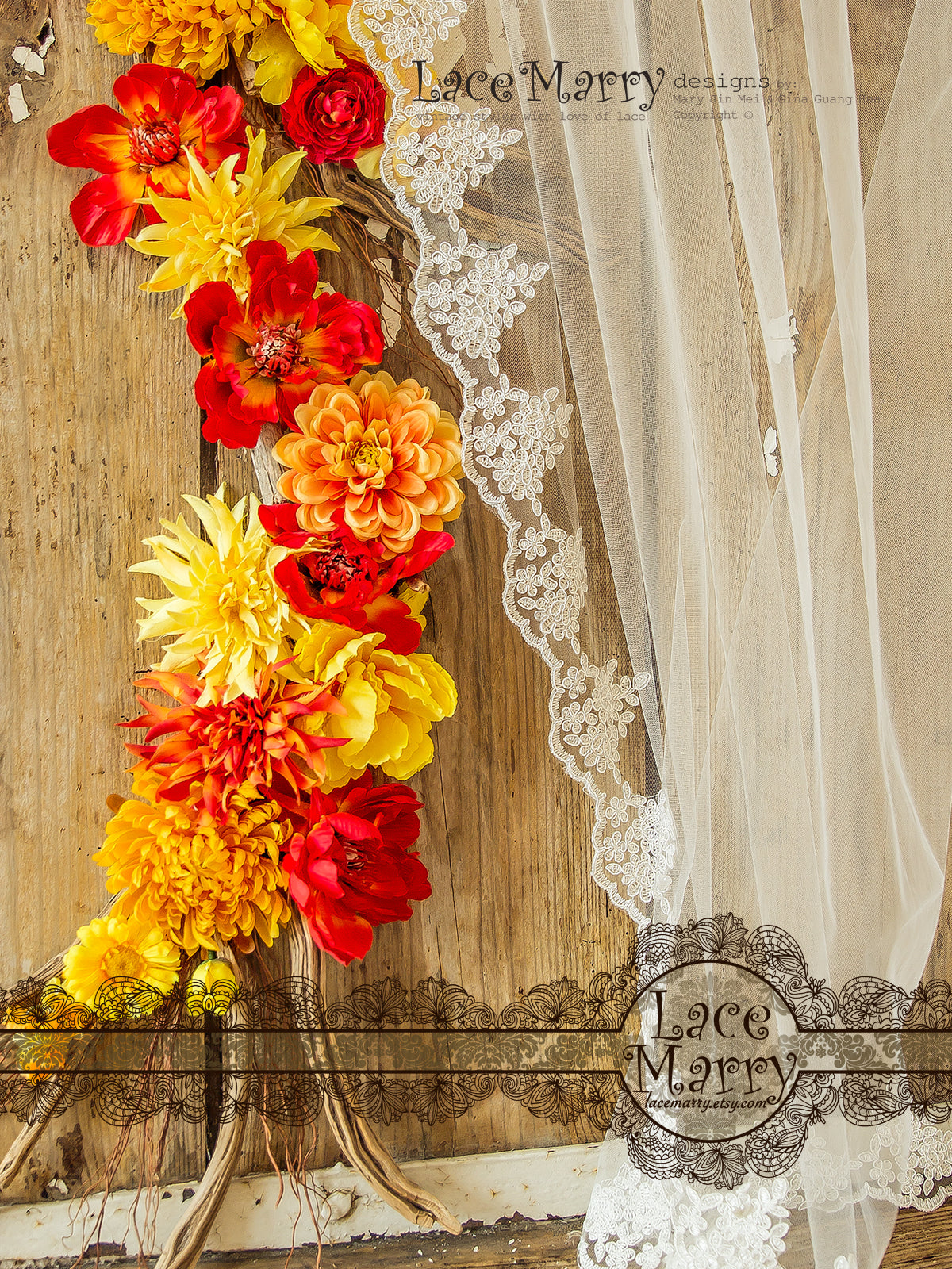 Drop Over Wedding Veil from Ivory Tulle and Floral Lace Trim