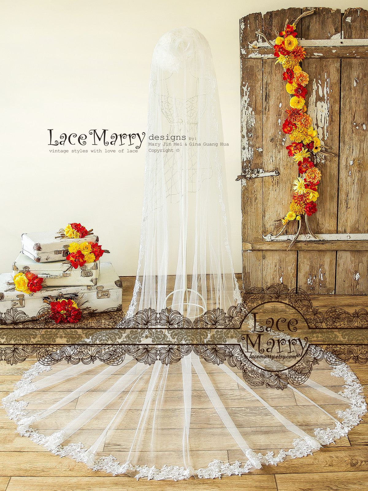 Lacy Flower Applique Long Single Layer Bridal Veil