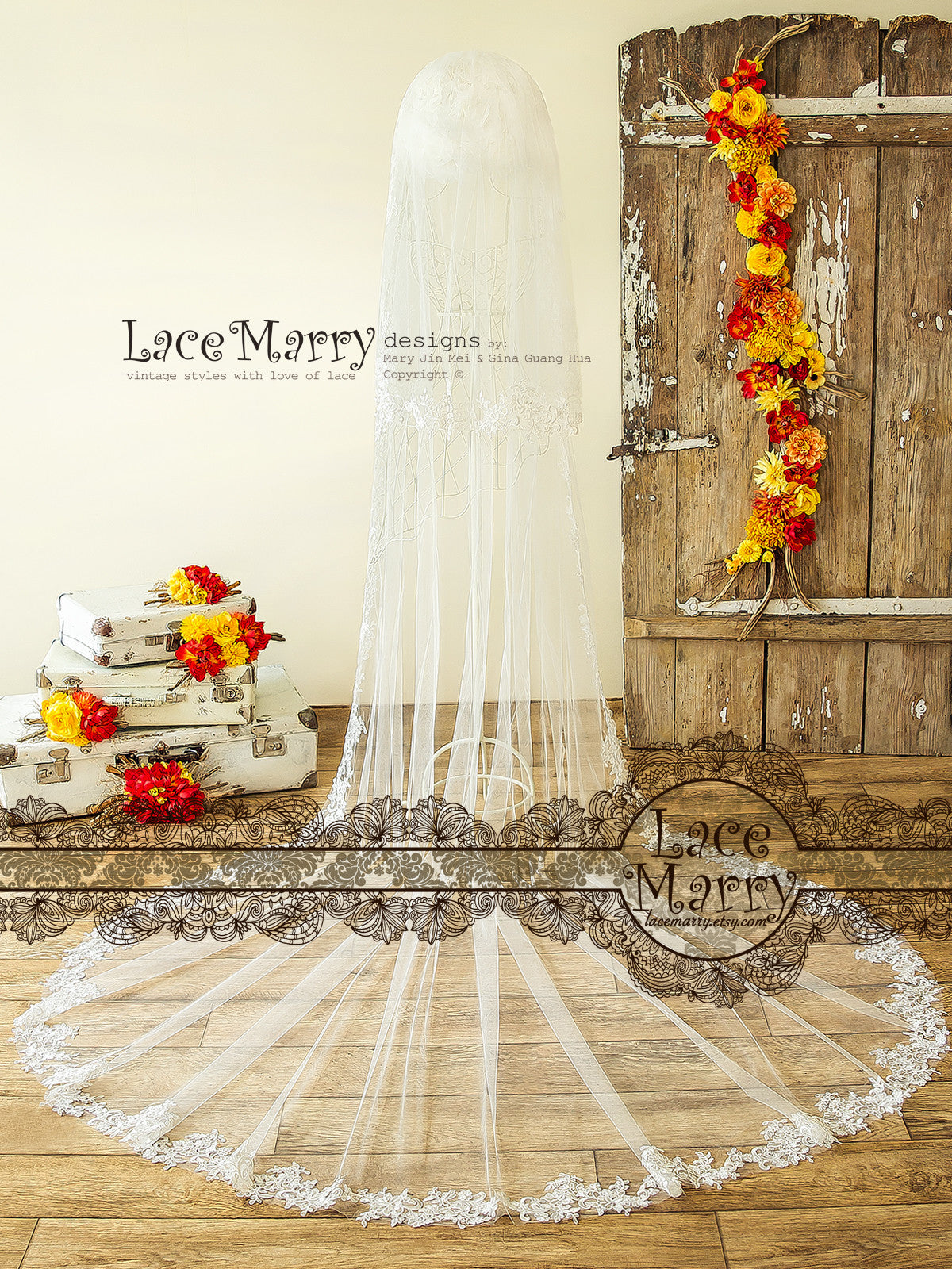 Elegant Lace Bridal Veil in Ivory Color