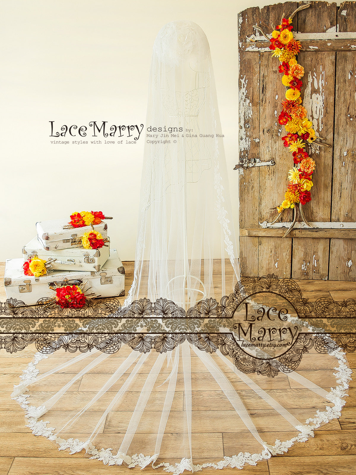 Long Bridal Veil with Alencon Lace Applique Trim