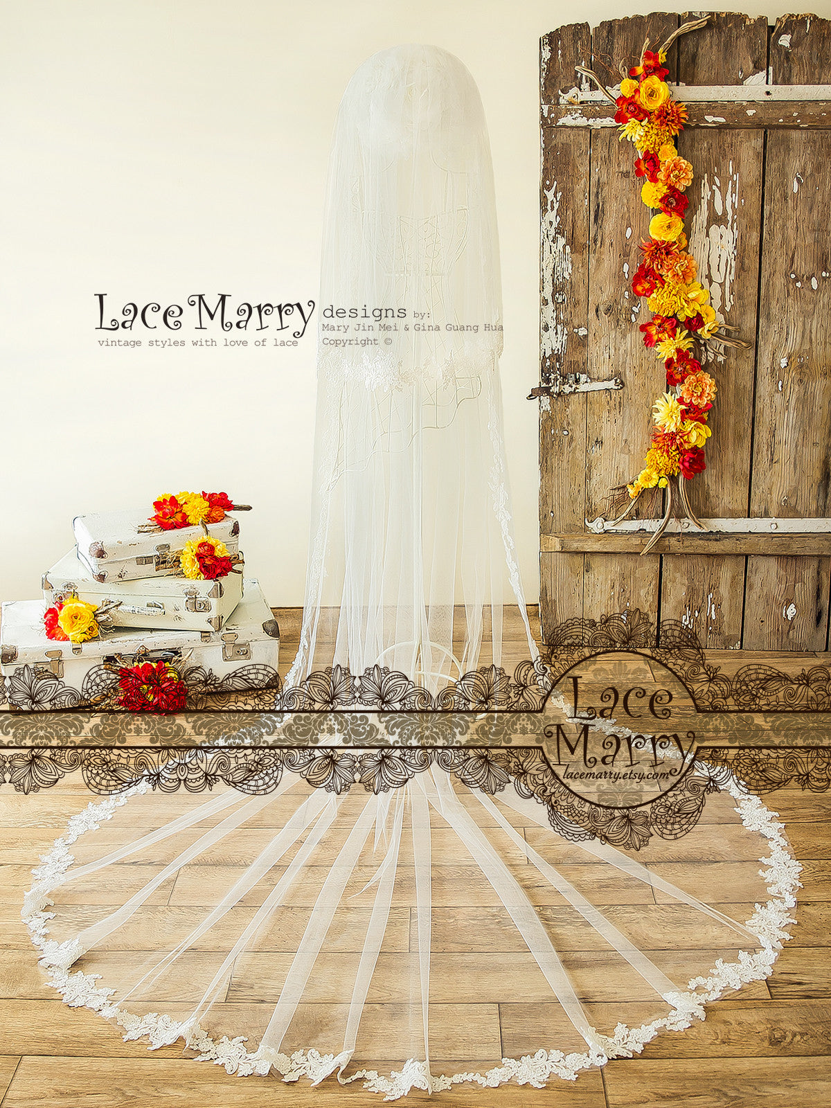 Two Tier Long Wedding Veil with Alencon Lace Applique Edge