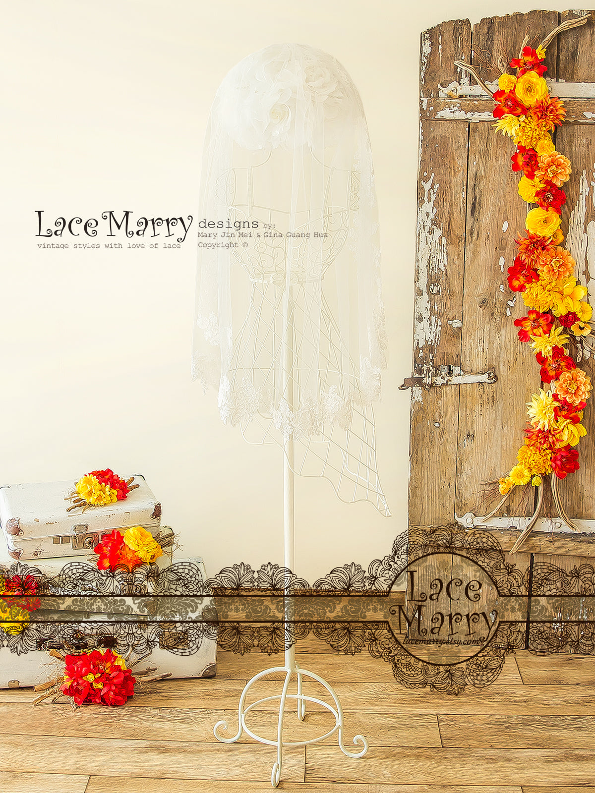 Single Layer Elbow Veil with Lace Hem
