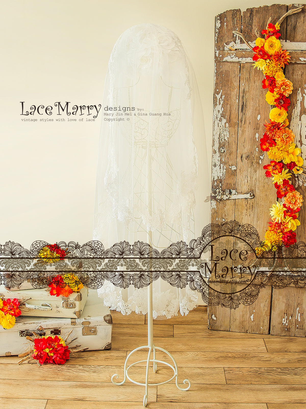 Drop Over Bridal Veil with Alencon Lace Flowers Edge