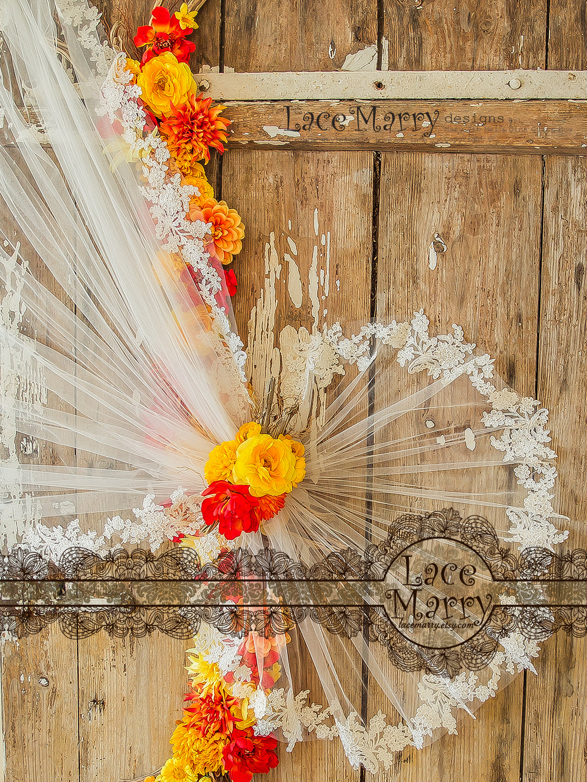 Drop Over Bridal Veil with Alencon Lace Flowers Edge