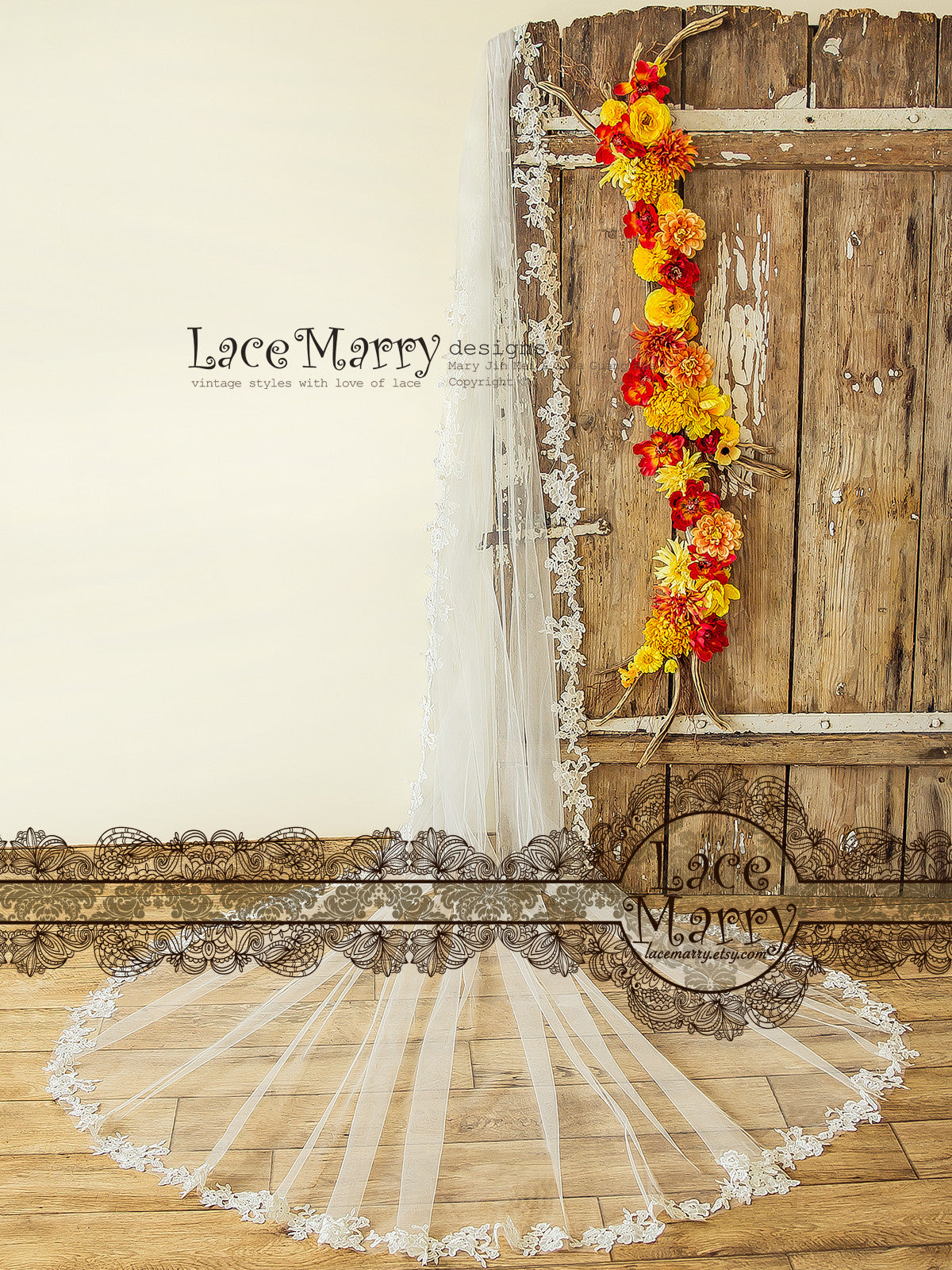 Guipure Lace Cathedral Veil, Lace Wedding Veil with Lace Applique - LaceMarry Guipure Lace Cathedral Veil, Lace Wedding Veil with Lace Applique - LaceMarry