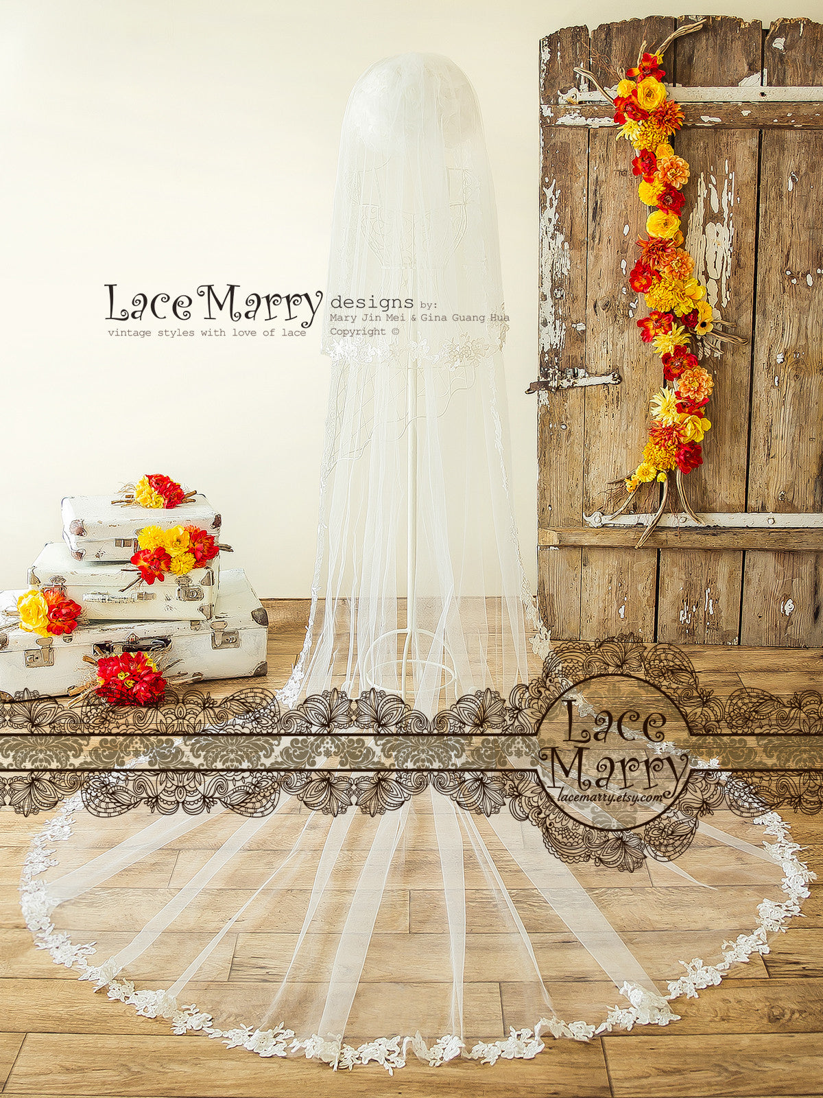 Double Layer Wedding Veil with Lace Ornament Edge