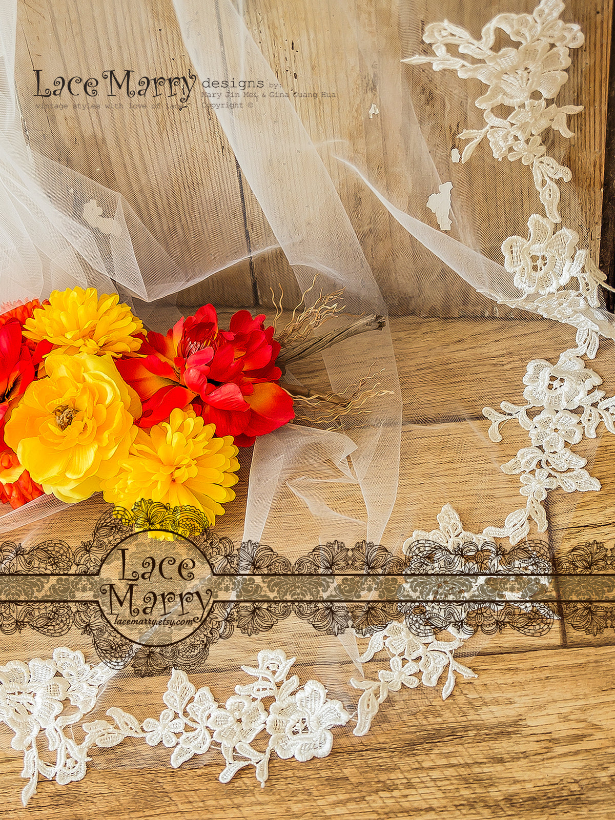 One Tier Short Bridal Veil with Alencon Lace