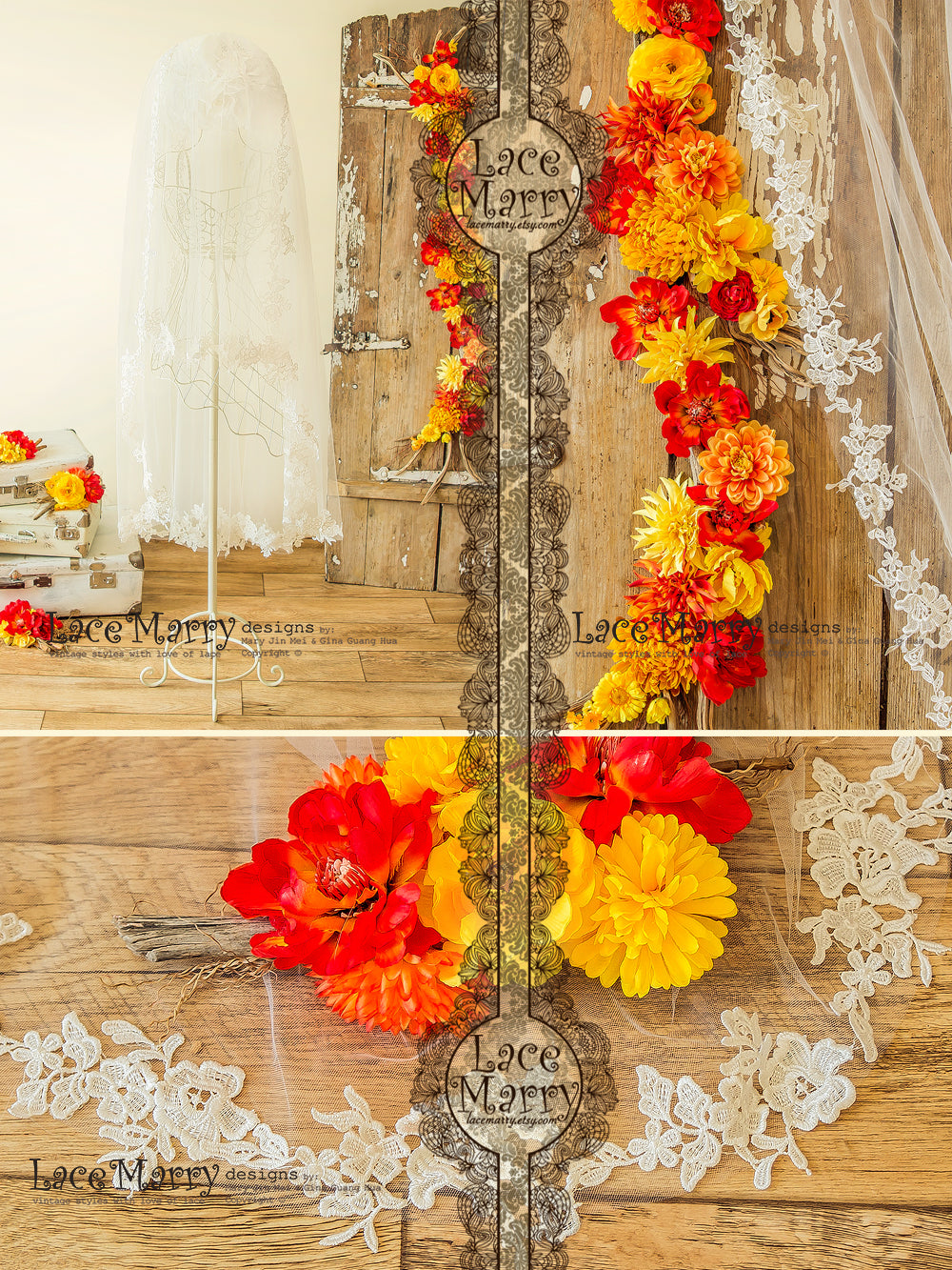 Long Venetian Lace Wedding Veil with Blusher