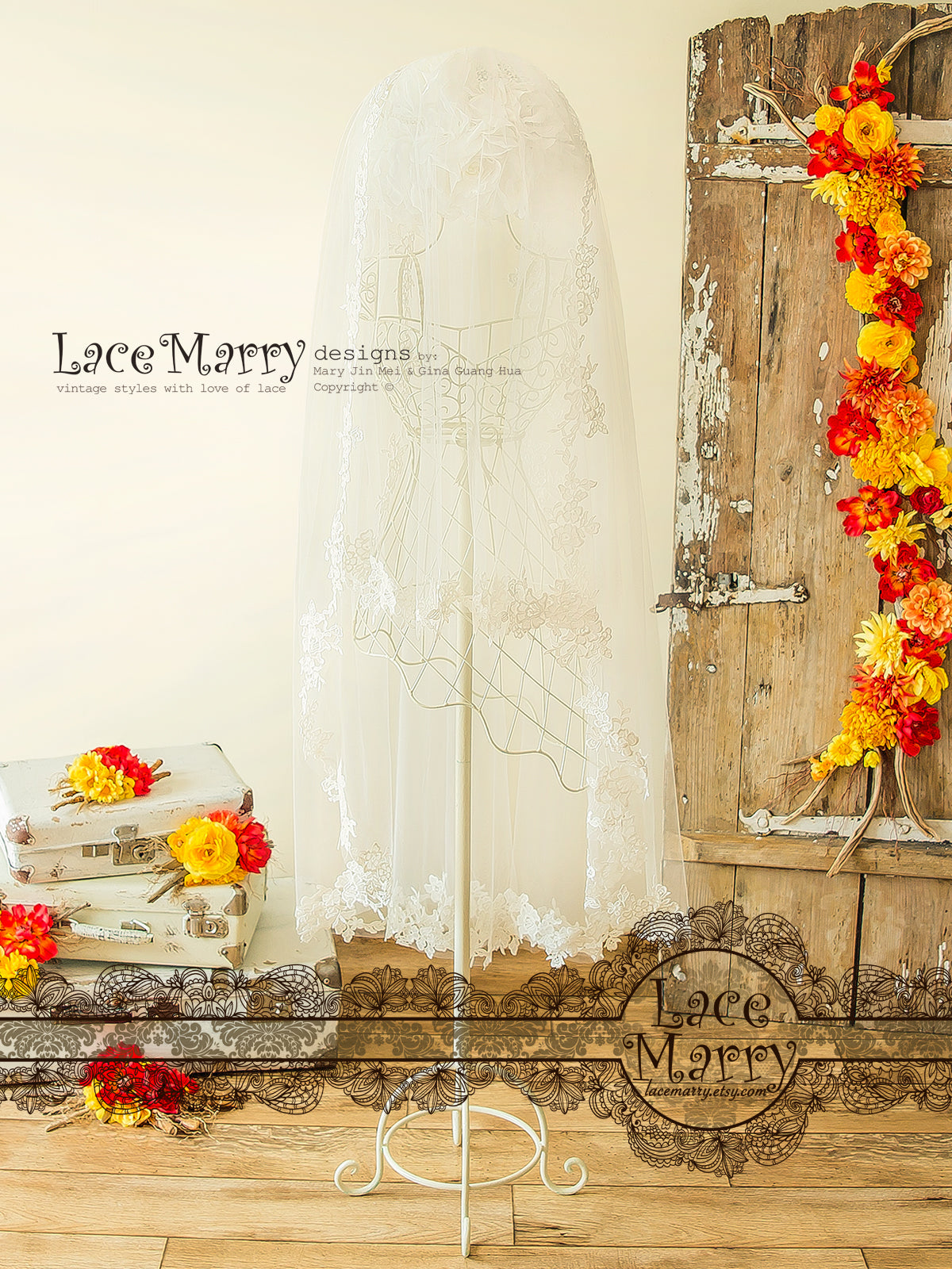 Long Tulle Veil with Flower Ornament Trim