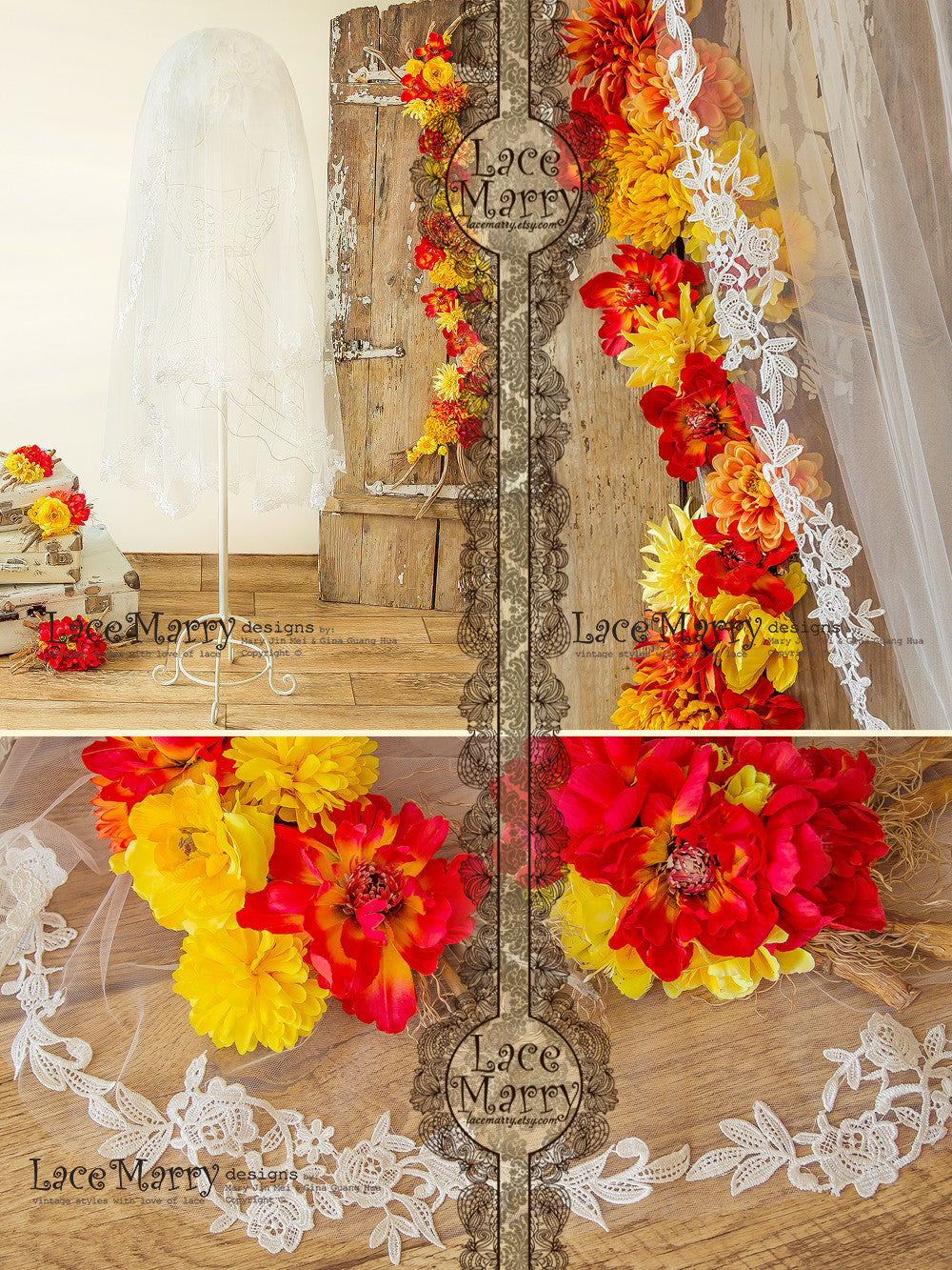 Drop Over Wedding Veil with Lace Flower Applique Edge