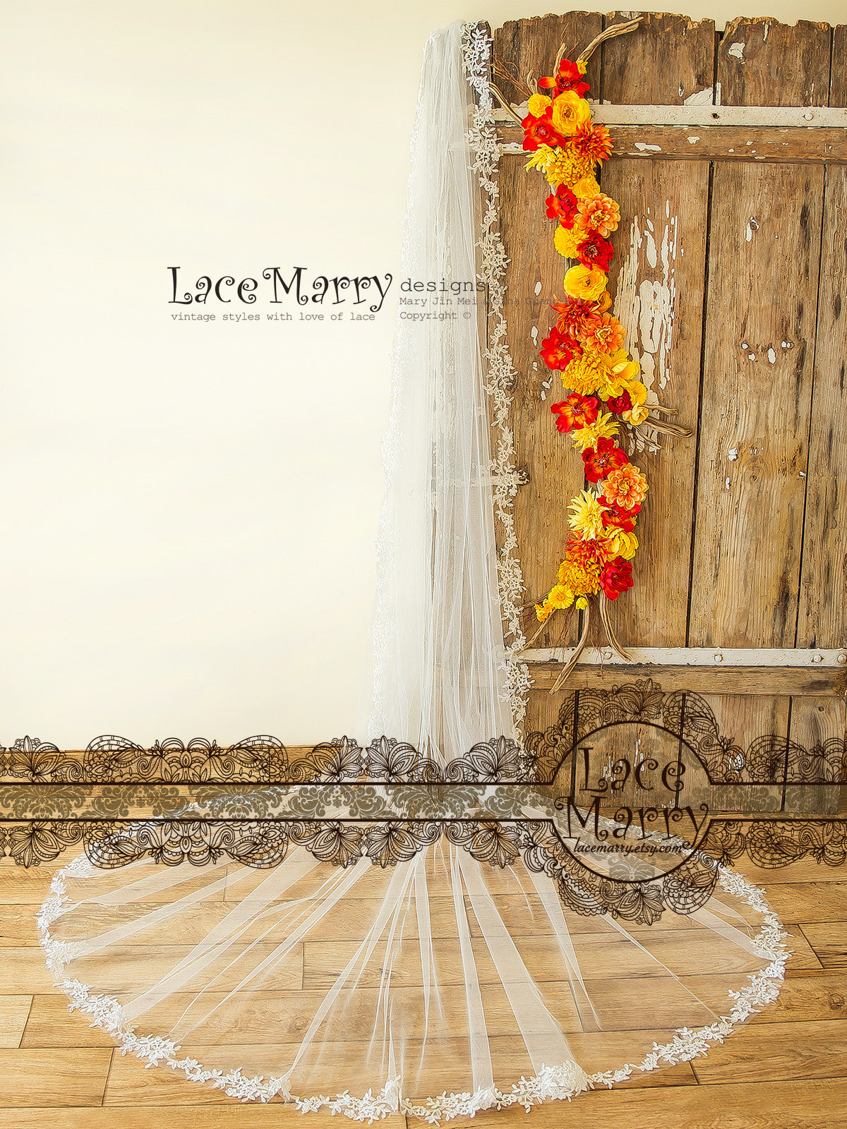 Long Bridal Veil with Lace Flower Appliques