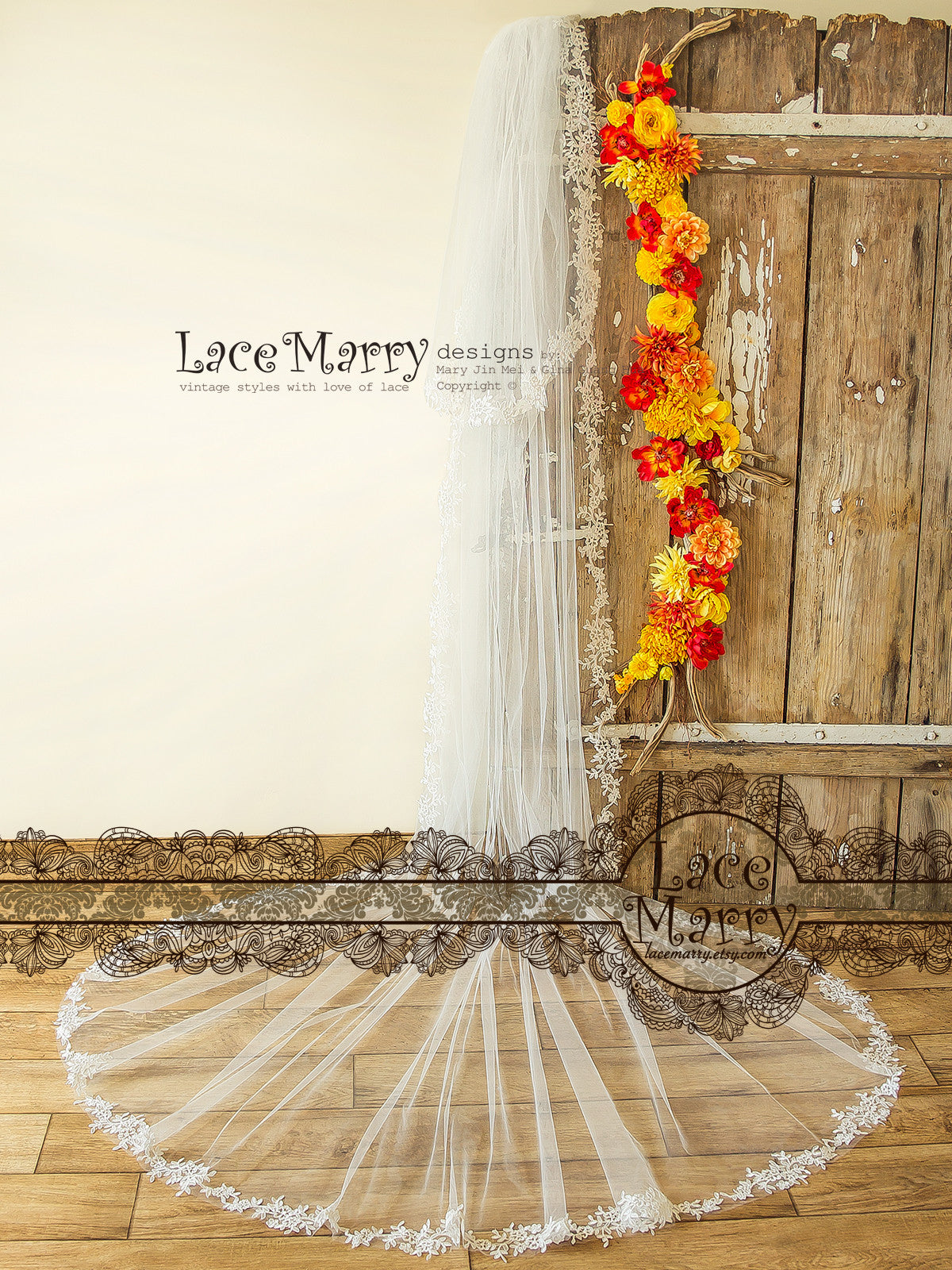 Double layer Cathedral Veil with Lace Trim