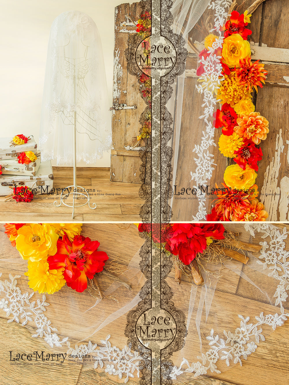 Drop over Bridal Veil with Floral Lace Edge