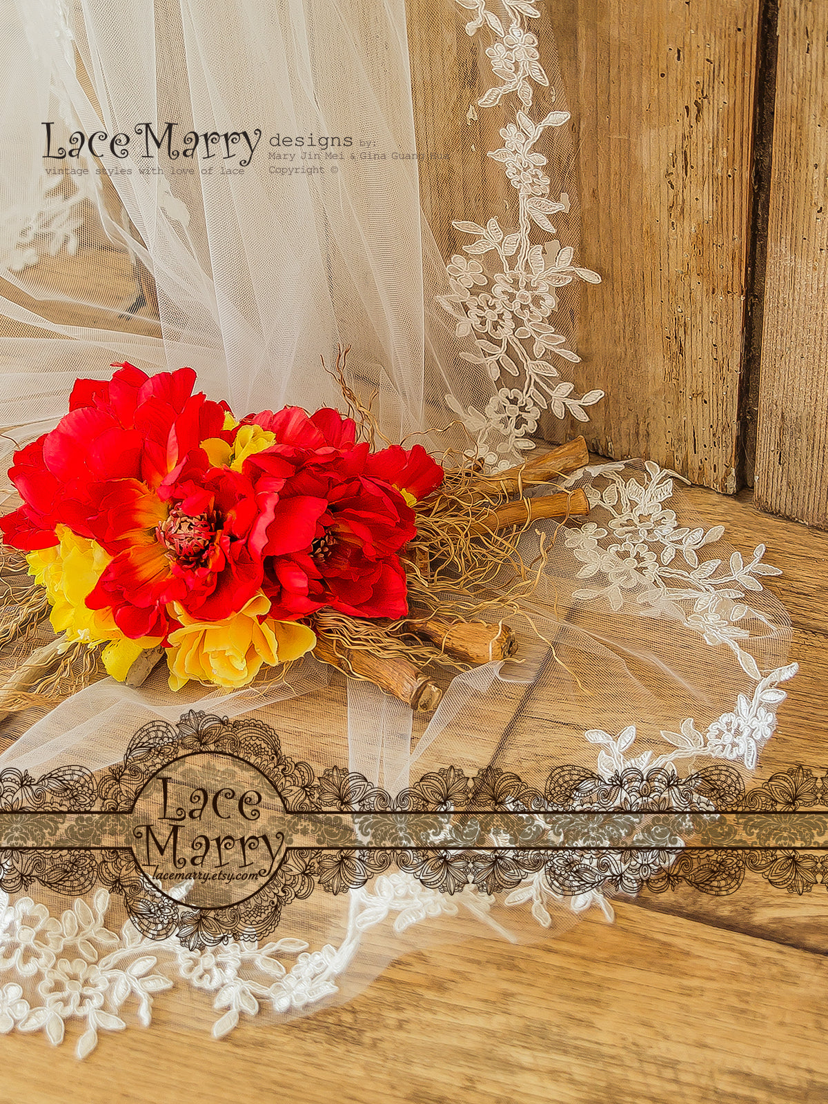 Lace Applique Bridal Veil with Blusher