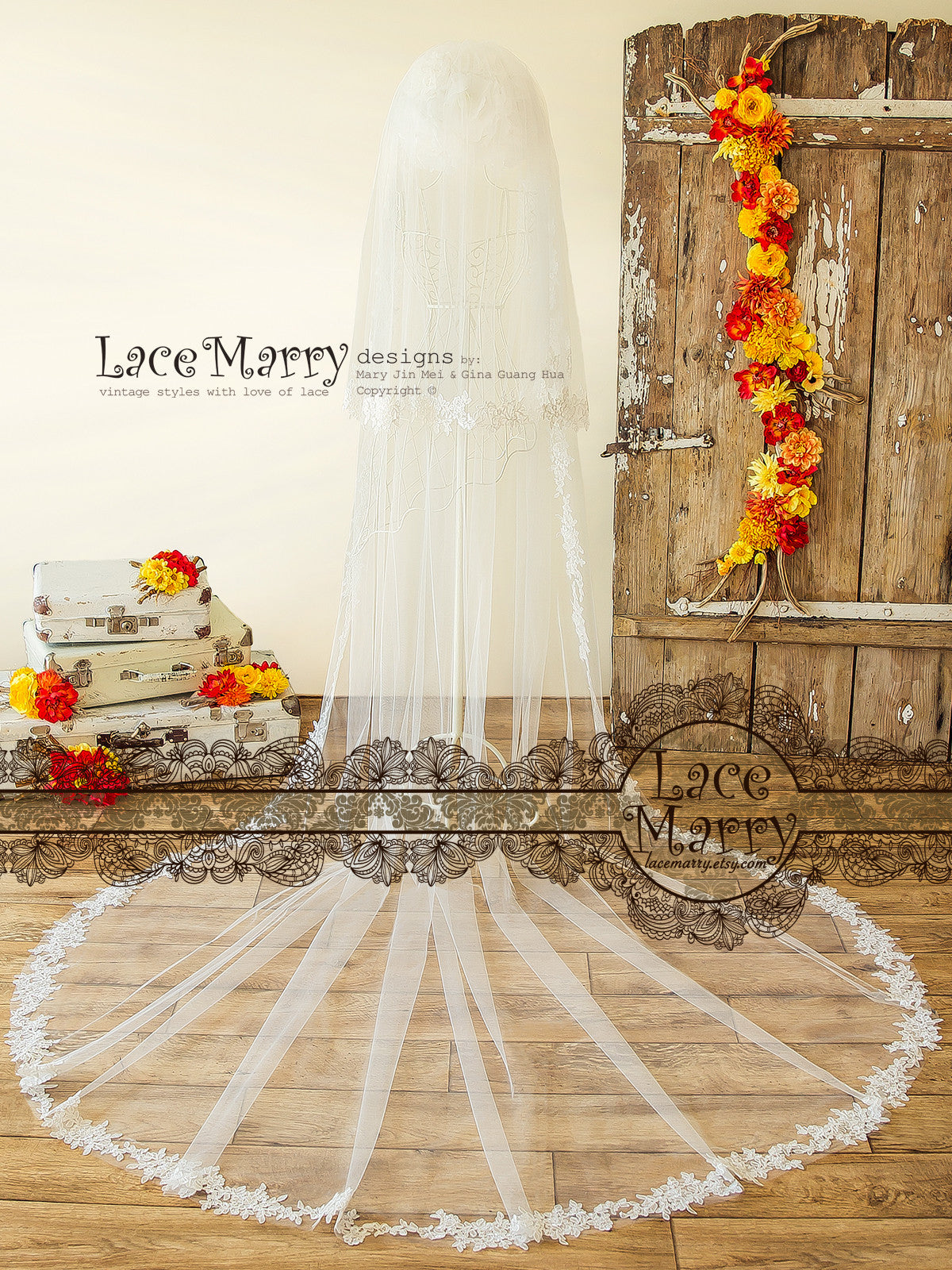 Double layer Cathedral Veil with Lace Trim