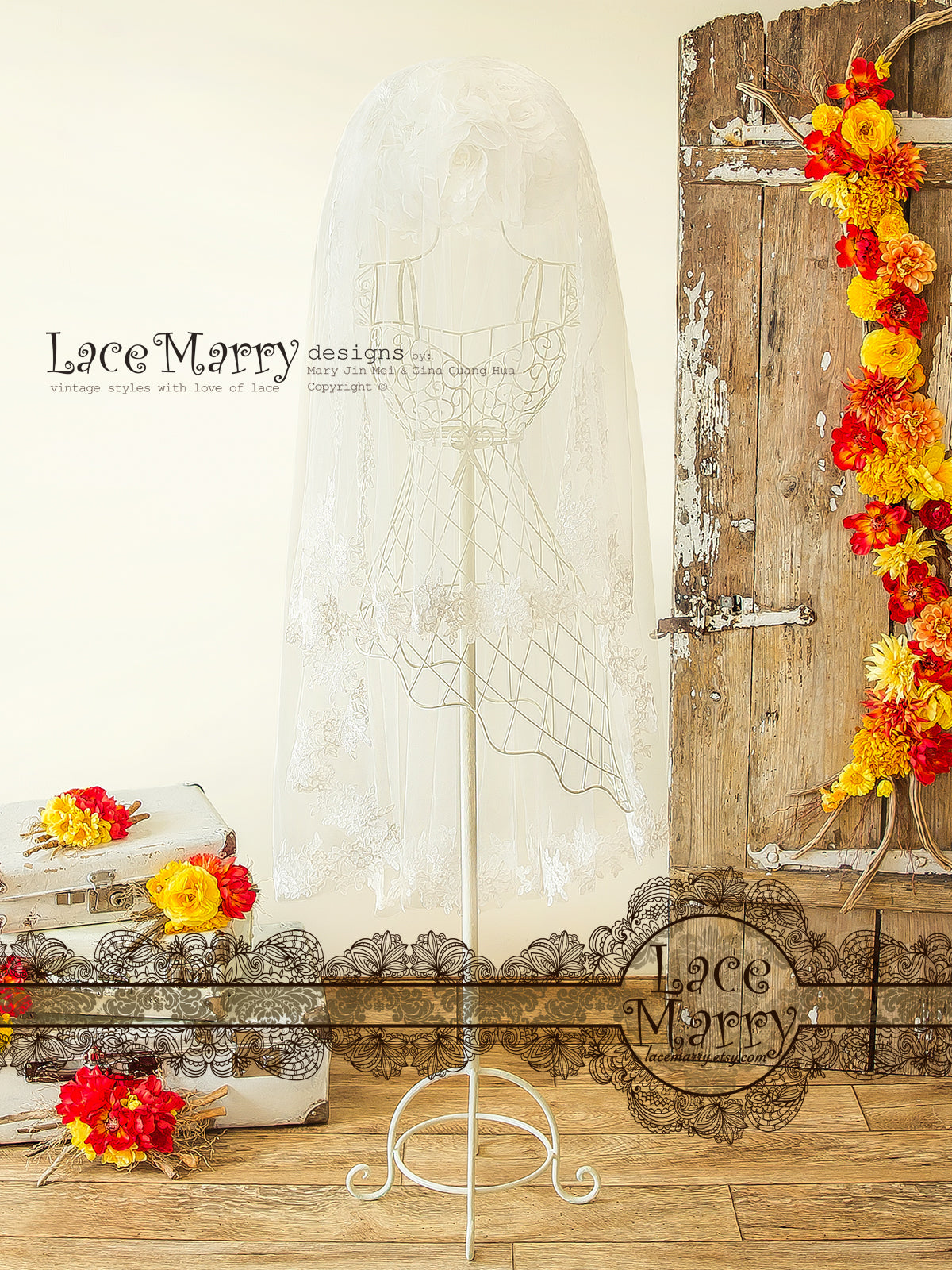 Drop Over Lace Veil with Floral Ornament Hem