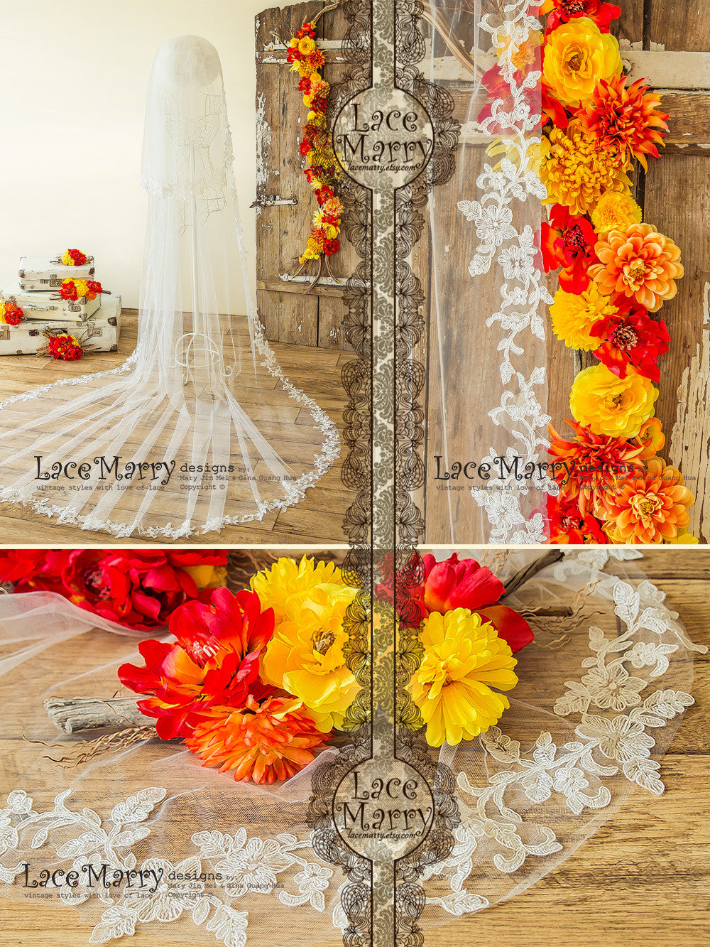 2 Tier Bridal Veil with Lace Flower Edge Trim