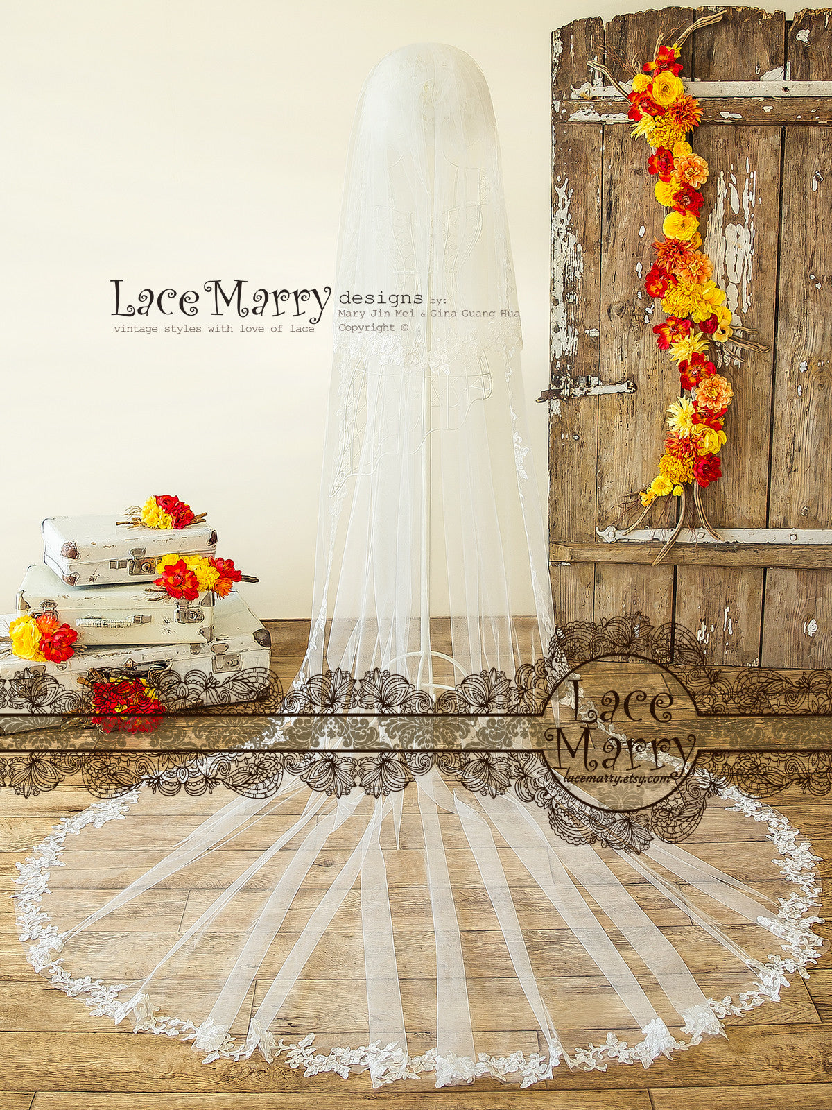 Ivory Wedding Veil with Leafy Flower Edge