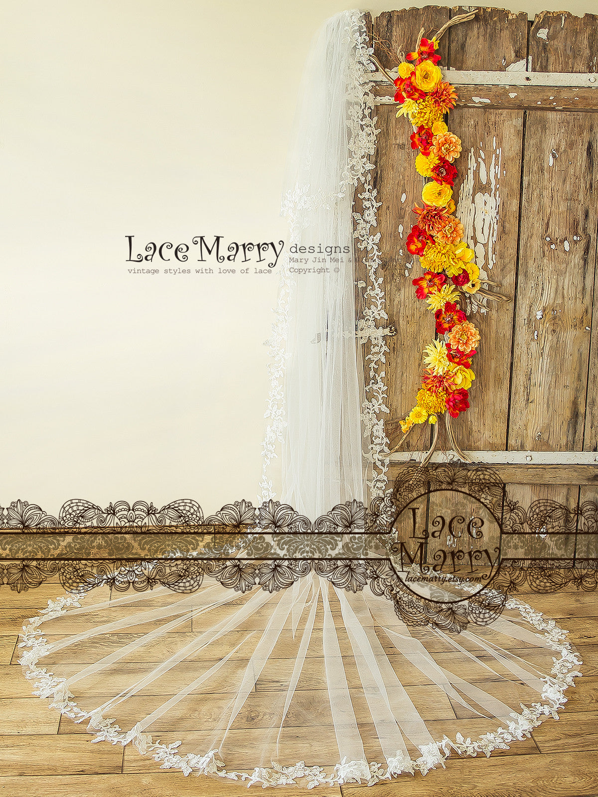 Double Layer Bridal Veil with Floral Lace Hem