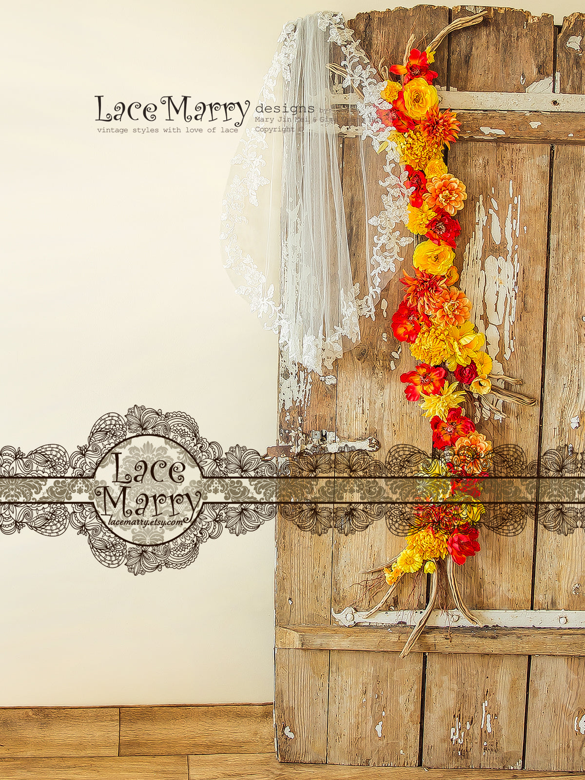 Short Lace Applique Veil with Lace Flower Embellished Hem