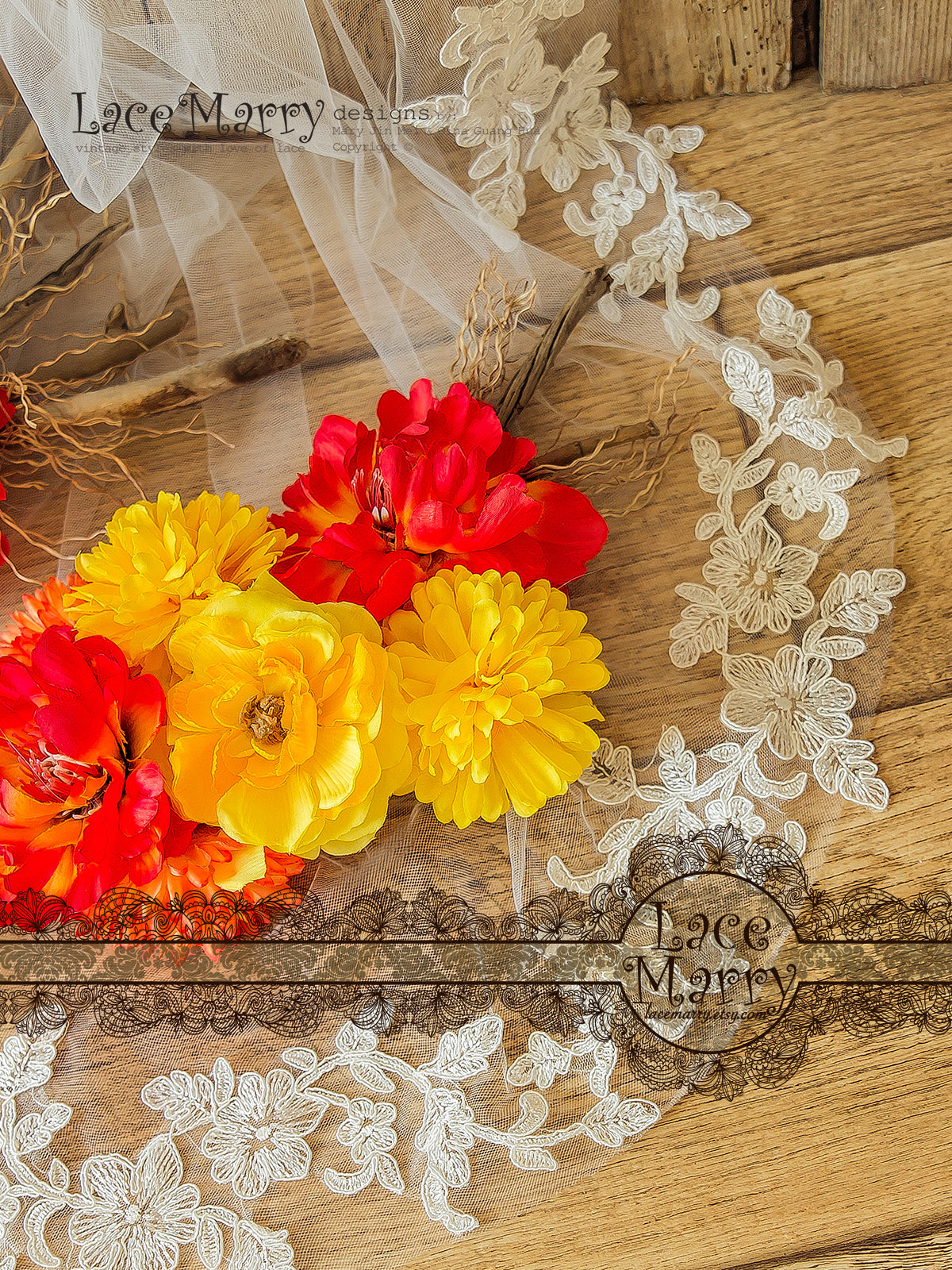 Leafy Floral Lace Applique Bridal Veil