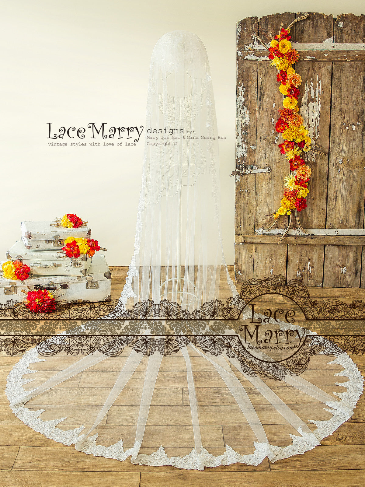 Alencon Lace Wedding Veil in Cathedral Lenght