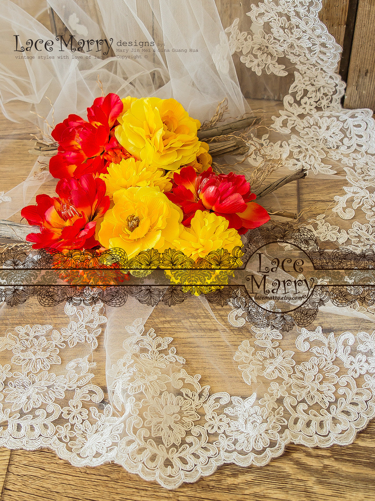 Long Single Tier Bridal Veil with Alencon Lace Trim