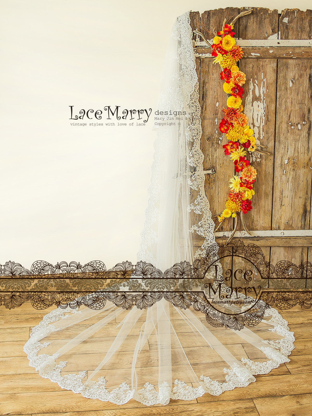 Alencon Lace Edge Cathedral Tulle Ivory Wedding Veil, Simple Long