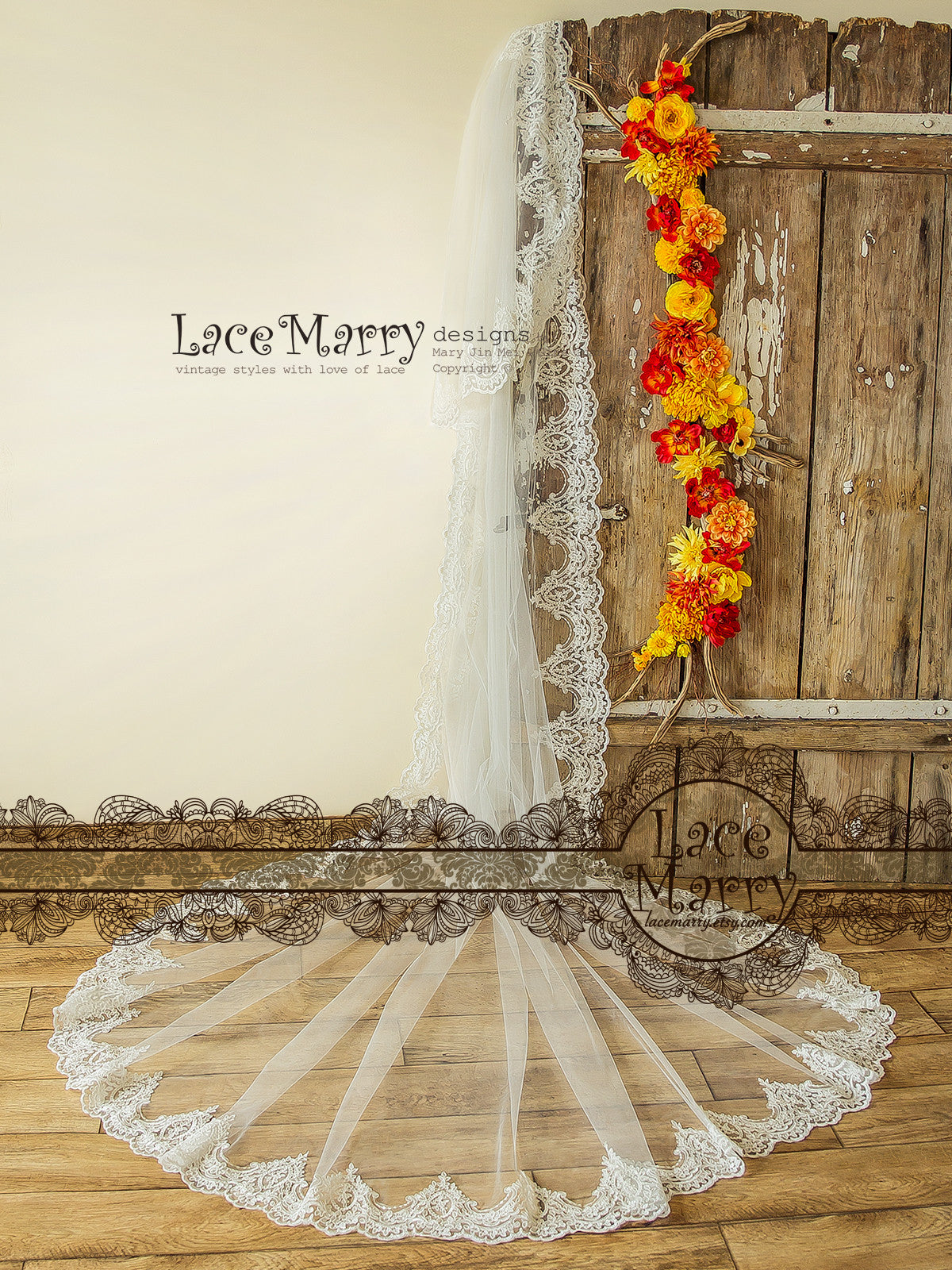 Double Tier Cathedral Wedding Veil with Baroque Ornament Lace Trim - LaceMarry Double Tier Cathedral Wedding Veil with Baroque Ornament Lace Trim - LaceMarry