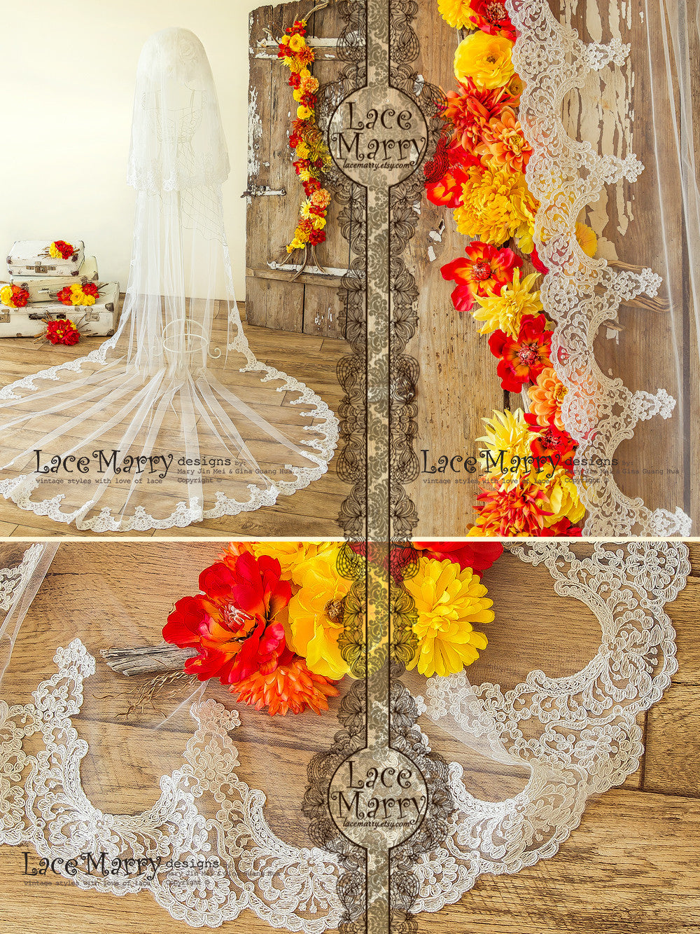 Custom Long Bridal Veil with Baroque Ornament Trim
