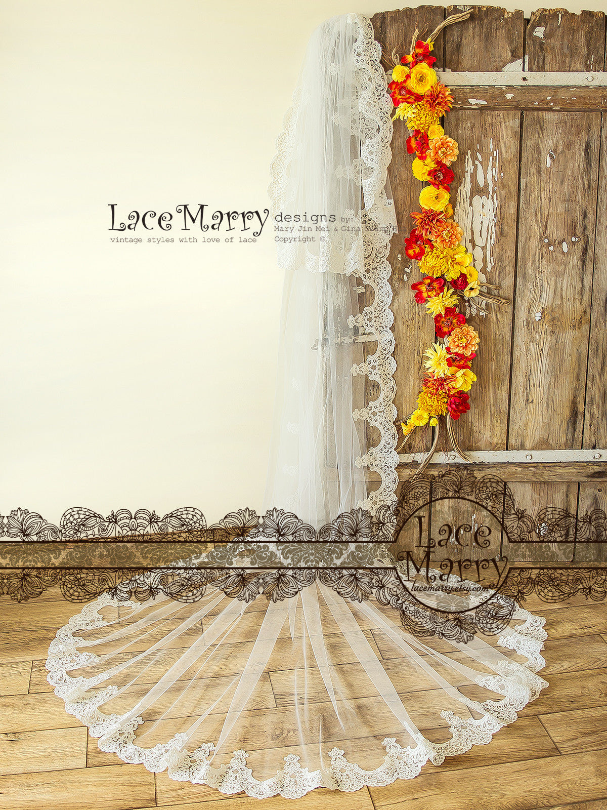 HW Veil Waltz Length Wedding Veil with Romantic Lace Motifs