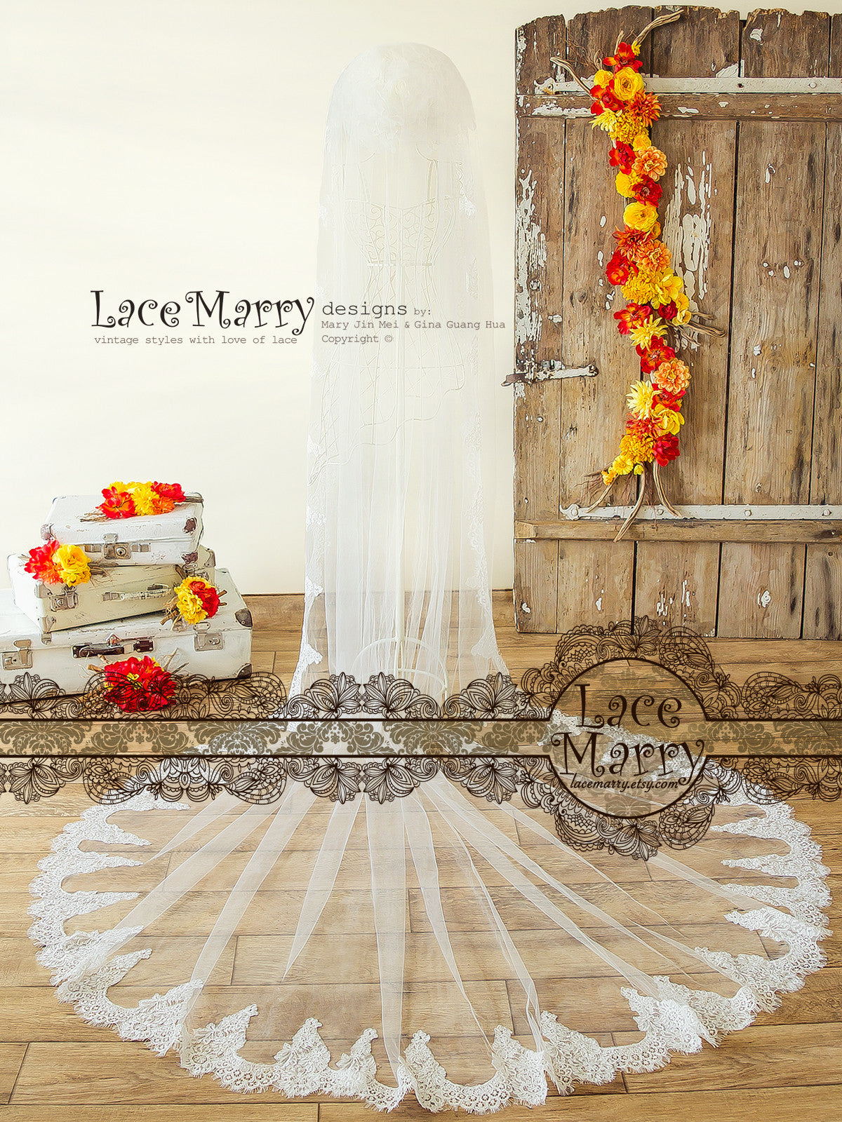 Long Alencon Lace Veil with Scalloped Hem