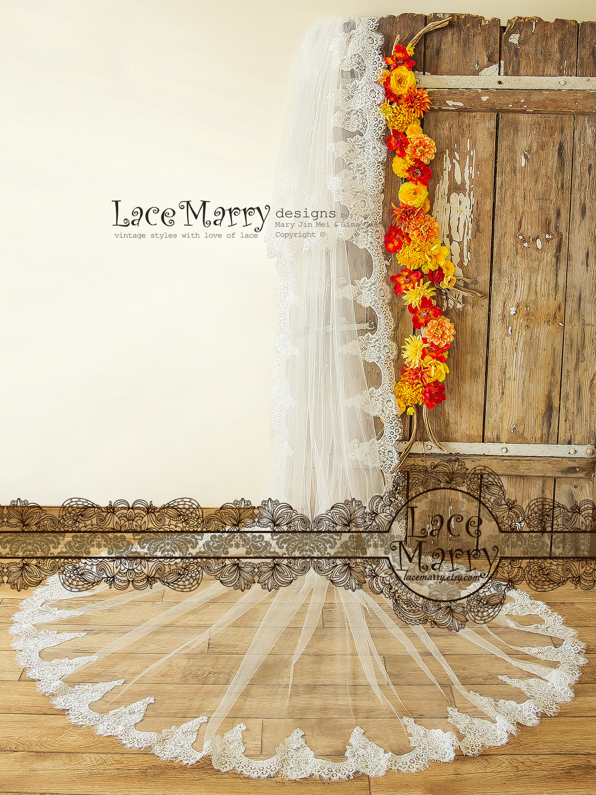Double Layer Bridal Veil with Floral Lace Trim